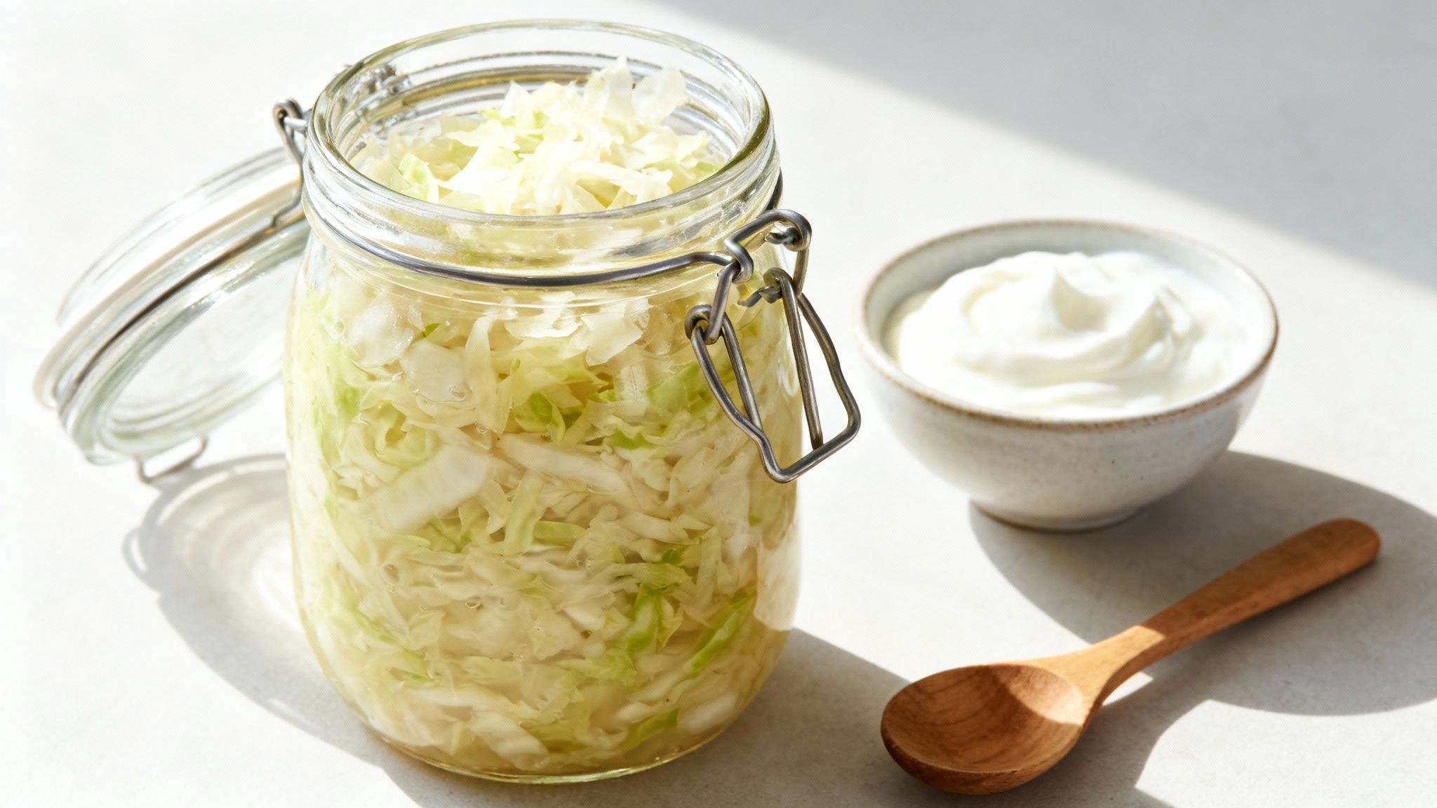 Ein offenes Glas Sauerkraut steht neben einer Schale Joghurt und einem Holzlöffel auf einem hellen Tisch.