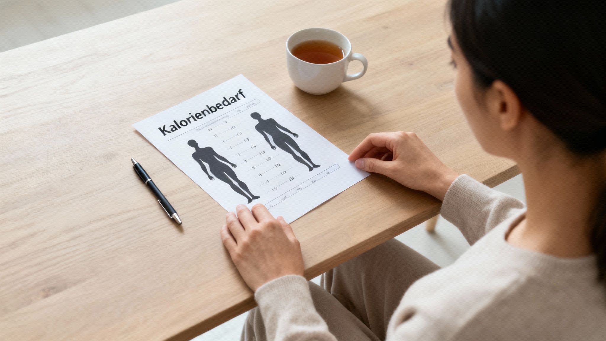 Frau betrachtet ein Dokument zum Kalorienbedarf mit Körperfiguren und Zahlen auf einem Holztisch.