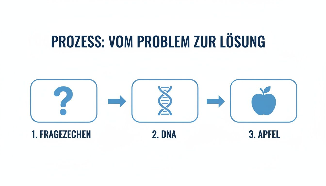Infografik zeigt den Prozess vom Problem zur Lösung, symbolisiert durch Fragezeichen, DNA und einen Apfel.