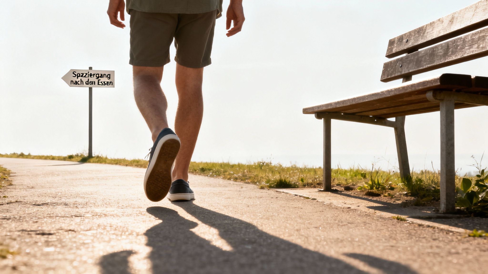 Person geht auf einem Weg, vorbei an einem Schild 'Spaziergang nach dem Essen' und einer Parkbank.