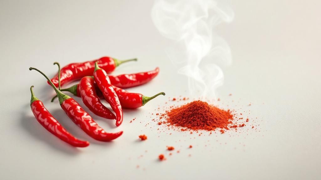Eine Nahaufnahme von roten Chilischoten, Cayennepfeffer und frischem Ingwer, die das Thema scharfe Gewürze zur Stoffwechselanregung illustrieren.