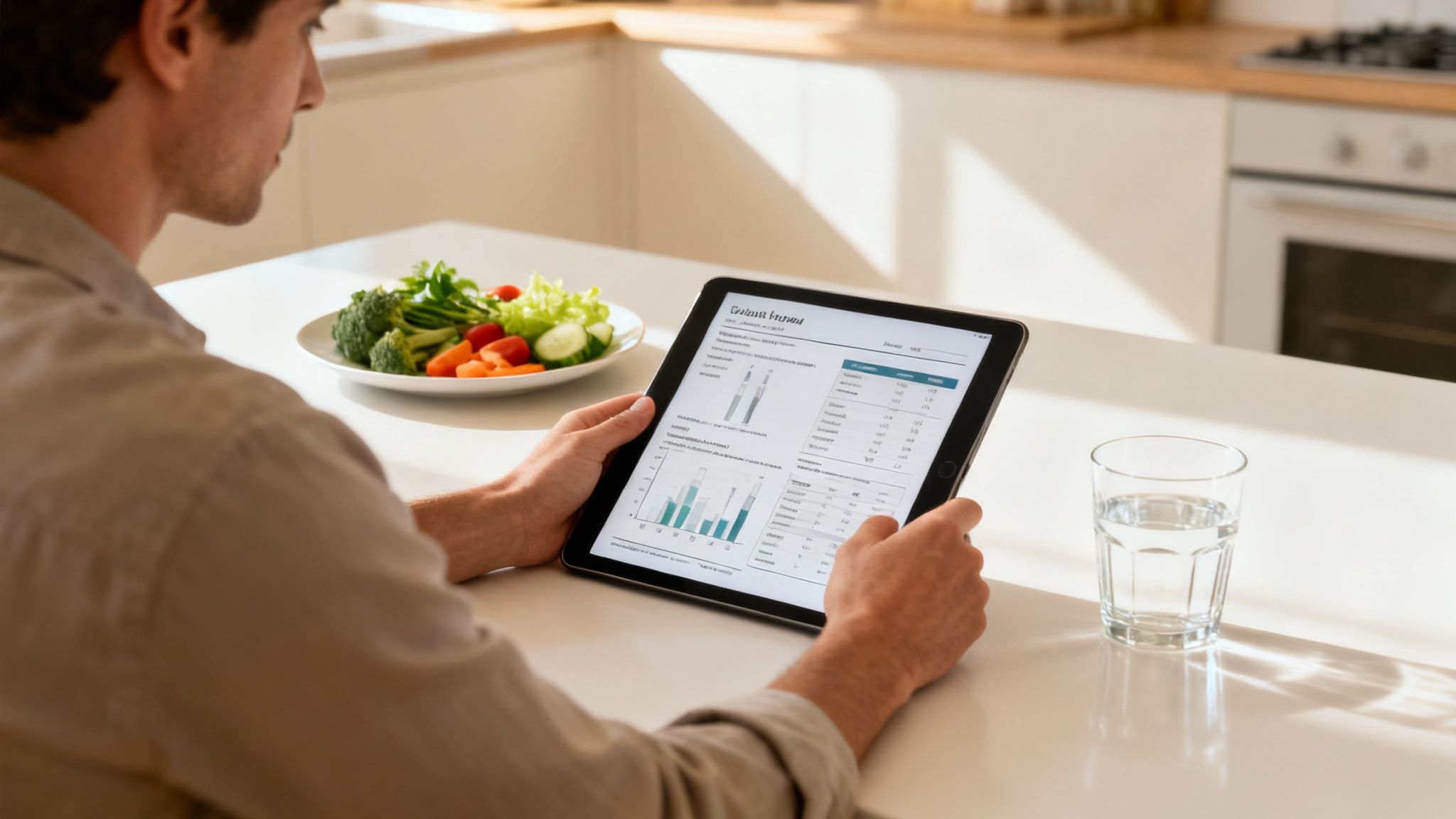 Mann in der Küche mit Tablet, zeigt Daten, neben Teller mit frischem Gemüse und Wasserglas.