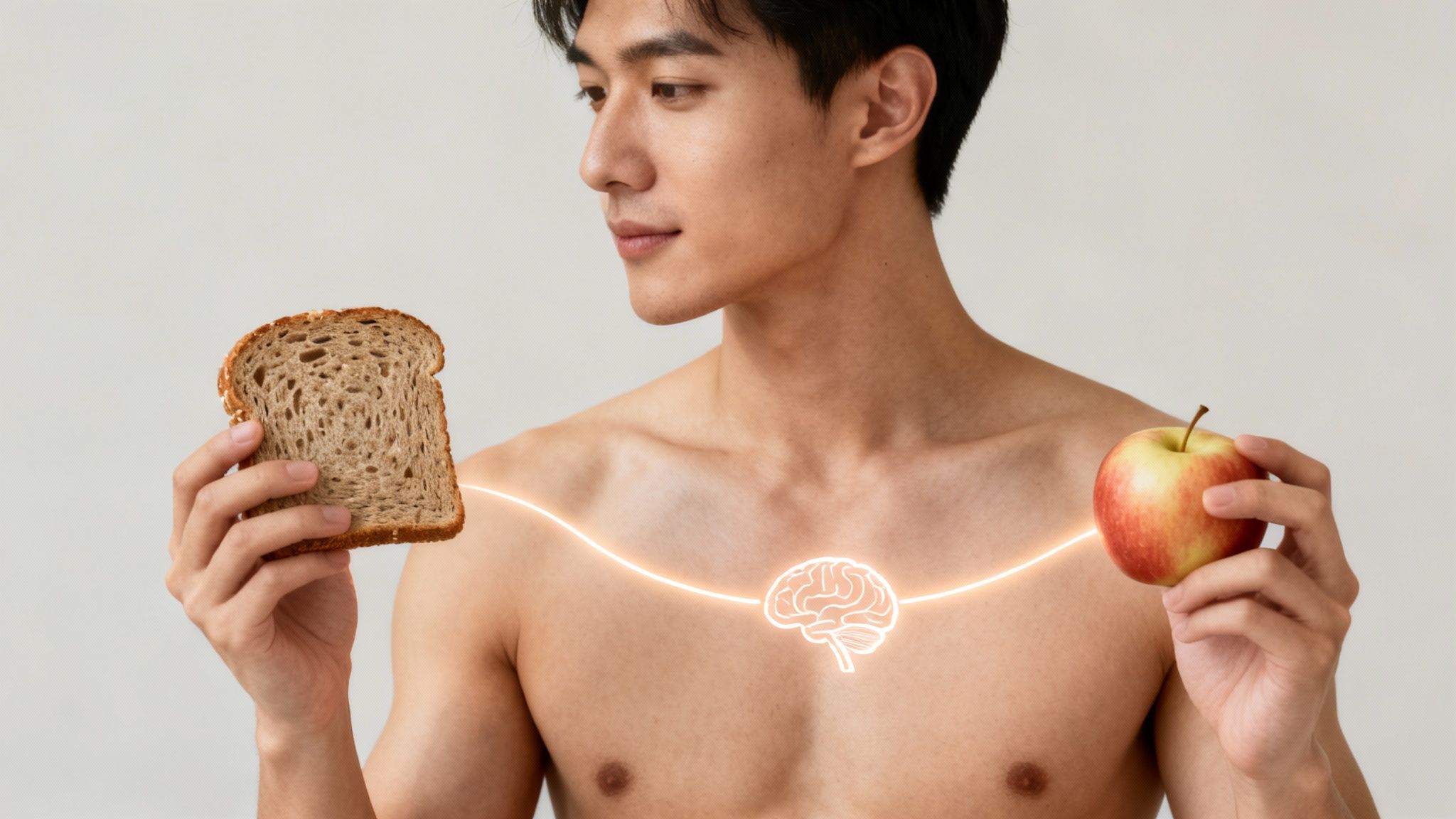 Jonge man houdt brood en appel vast, die via een lichtgevende lijn verbonden zijn met een hersensymbool.