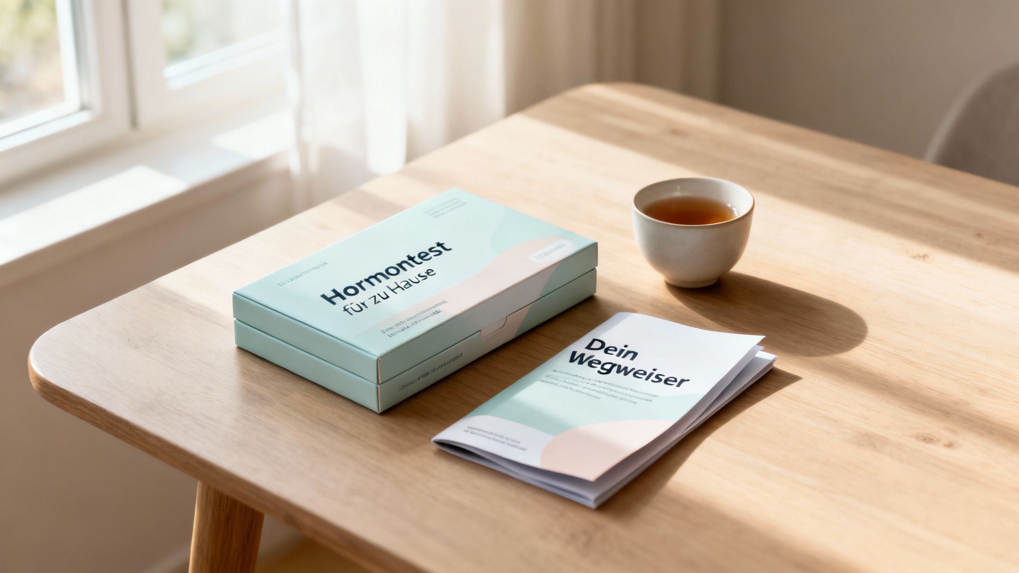 Ein Hormontest-Kit für zu Hause und eine Broschüre auf einem Holztisch mit Tee, im Sonnenlicht.