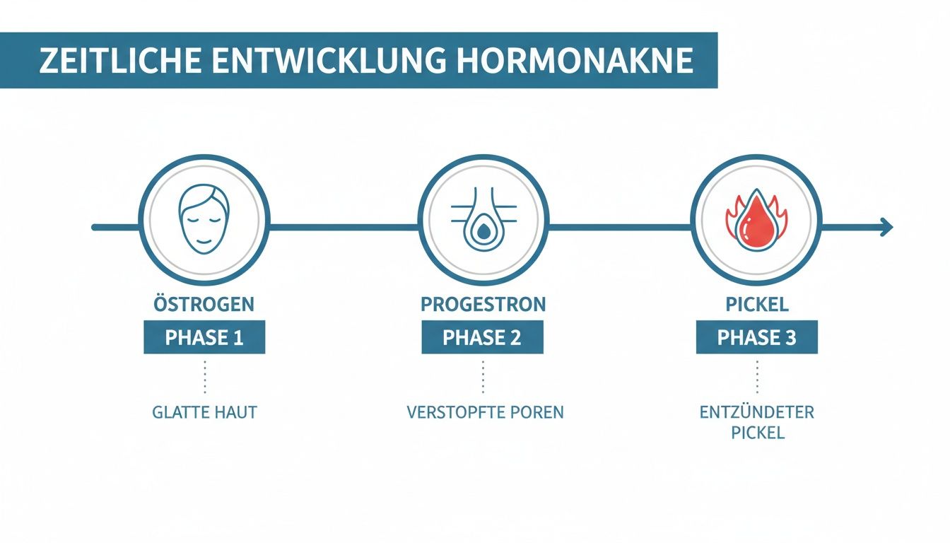 Infografica: Sviluppo temporale dell'acne ormonale in tre fasi: estrogeni per una pelle liscia, progesterone per pori ostruiti e brufoli infiammati.