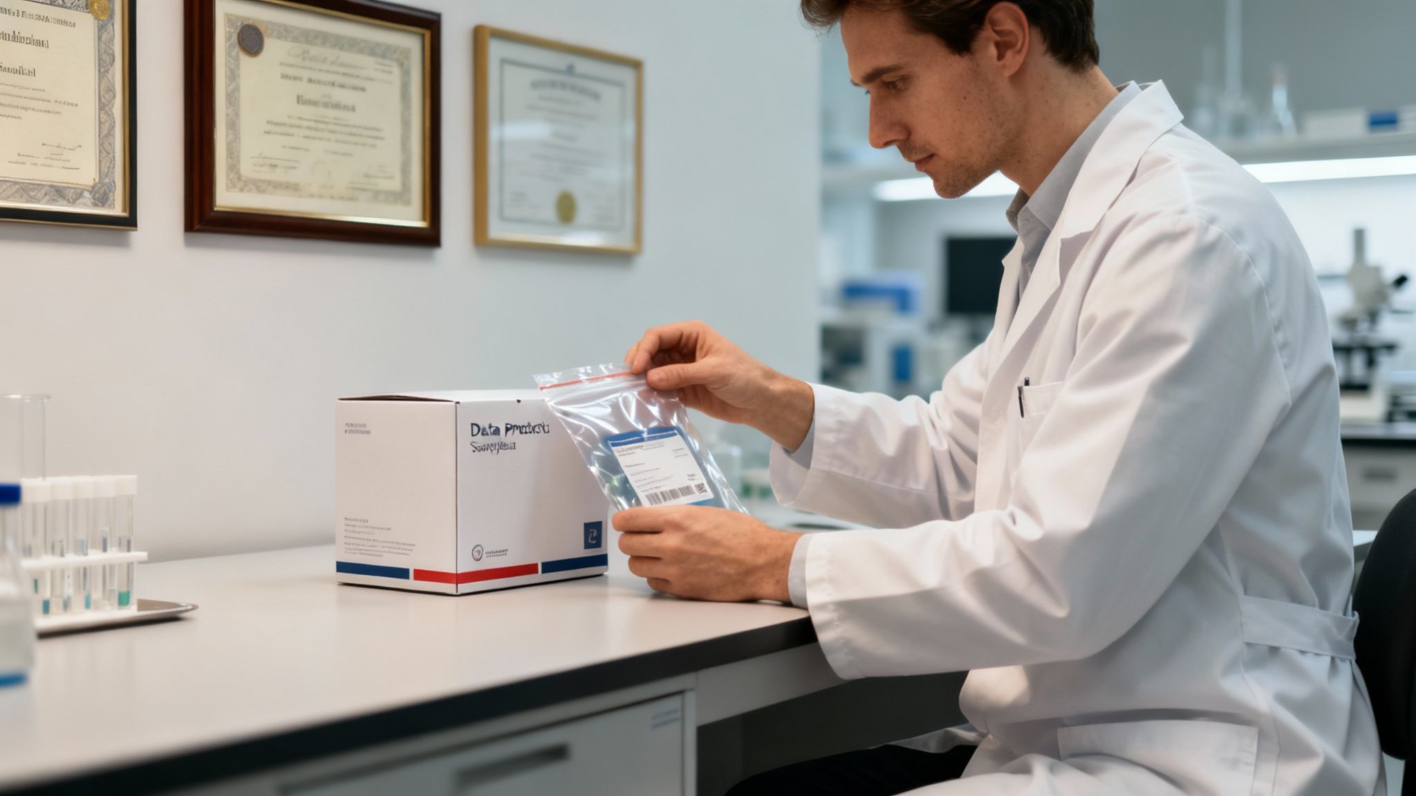 A scientist in a lab coat carefully takes a DNA sample from a Data Protect Box.