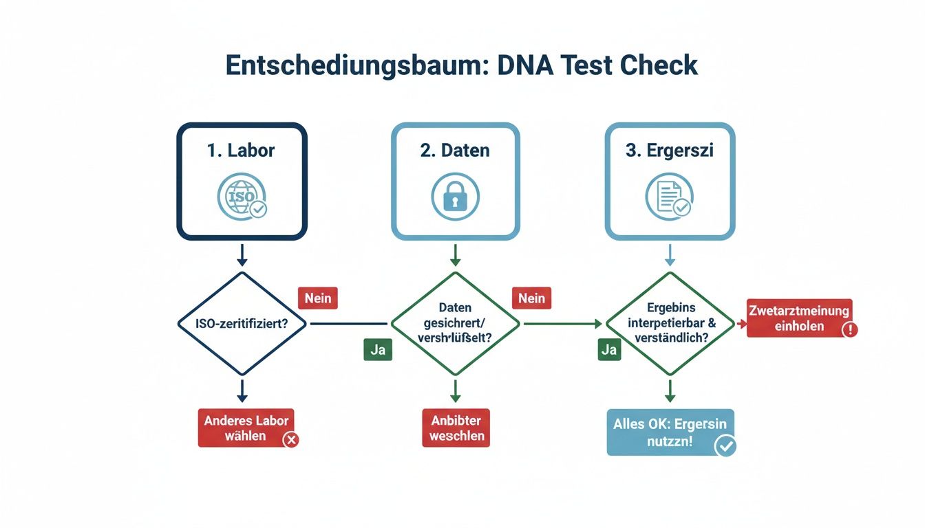 Decision tree for reviewing DNA tests: laboratory, data security and comprehensibility of results.