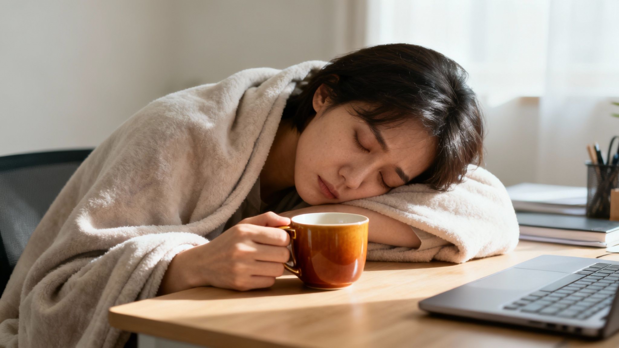 Eine junge Frau schläft erschöpft an ihrem Schreibtisch, umhüllt von einer warmen Decke, eine Tasse haltend.