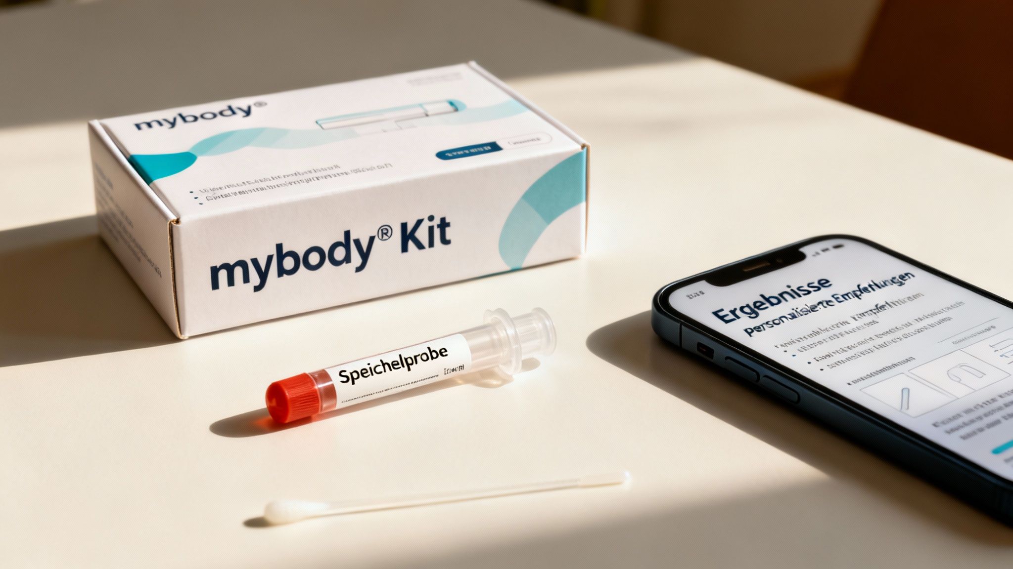 Ein mybody Kit zur Stoffwechselanalyse mit Speichelprobe, Wattestäbchen und Smartphone-App für personalisierte Ergebnisse.