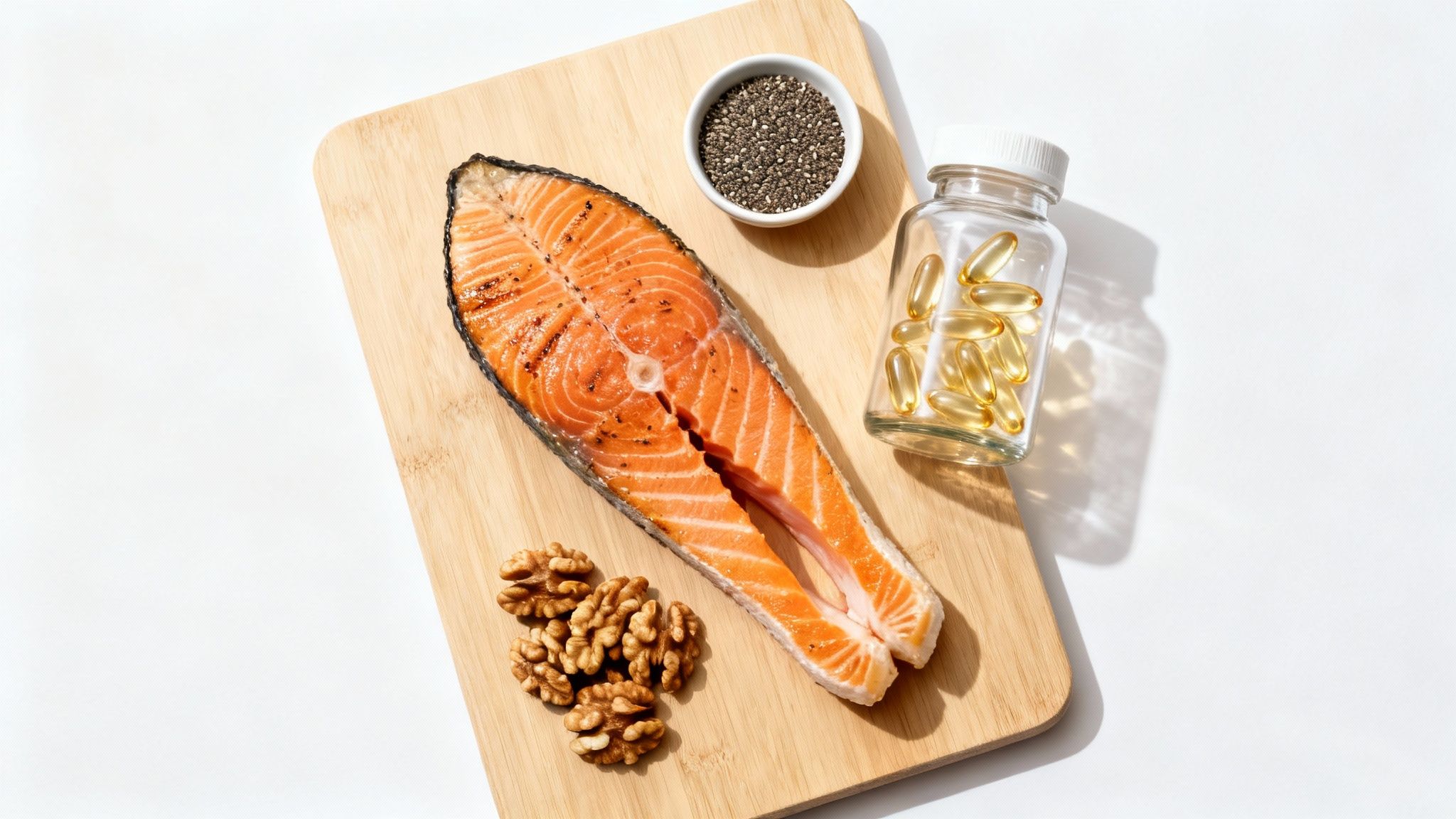 Eine Auswahl an Lebensmitteln reich an Omega-3 wie Lachs, Walnüsse und Avocados, kunstvoll auf einem Tisch arrangiert.