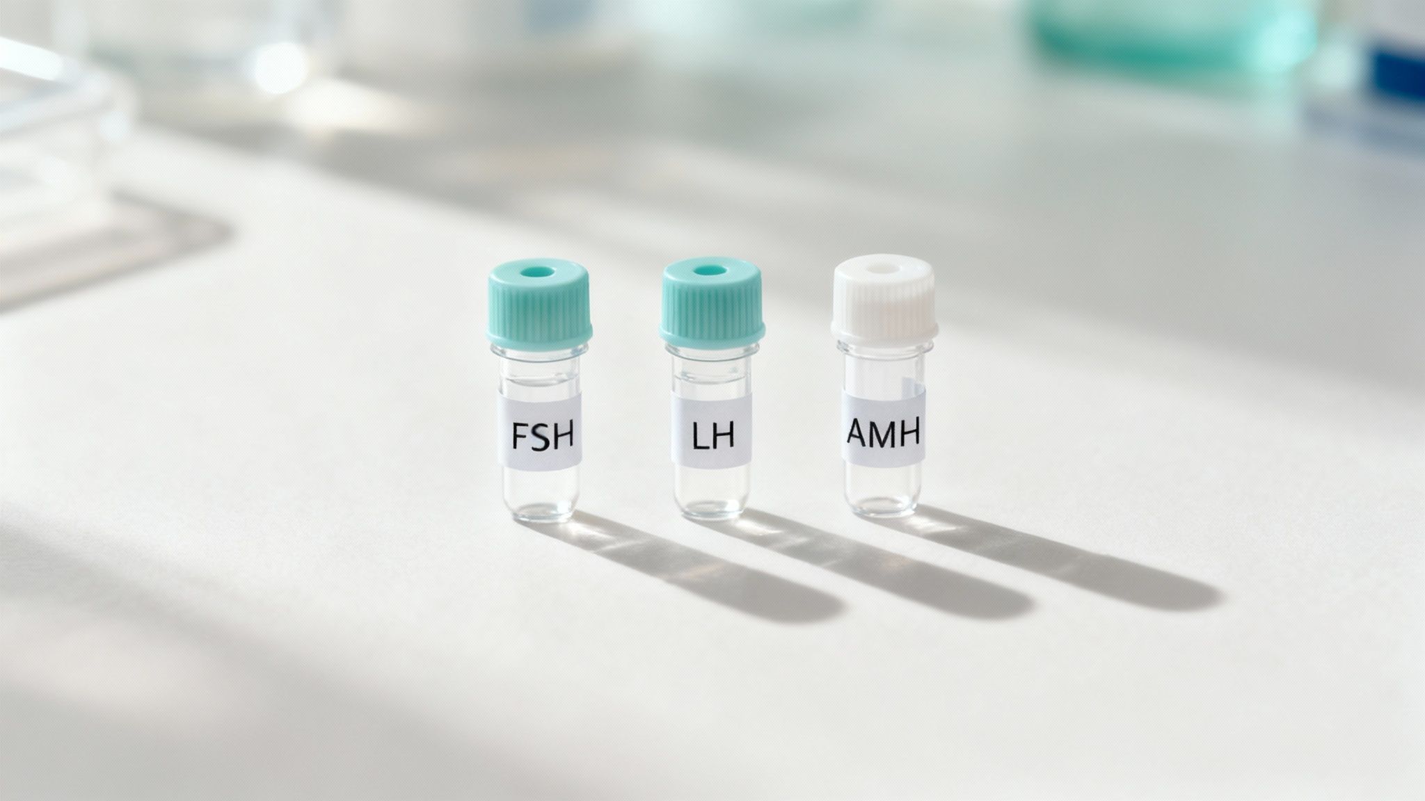 Drei beschriftete Probenröhrchen für Hormontests (FSH, LH, AMH) auf einer weißen Laborfläche.