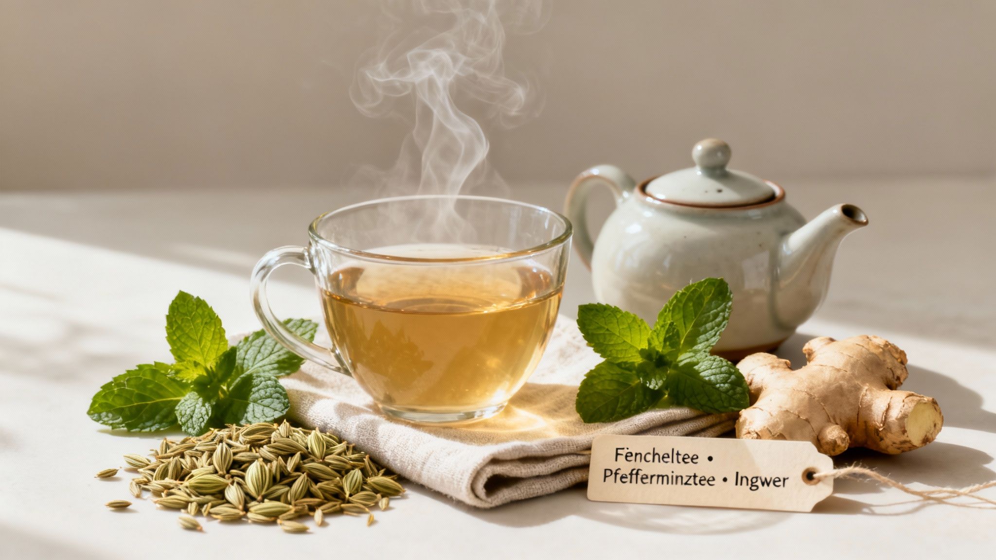 Dampfende Tasse Kräutertee mit Fenchelsamen, frischer Minze und Ingwerwurzel auf einem hellen Tisch.