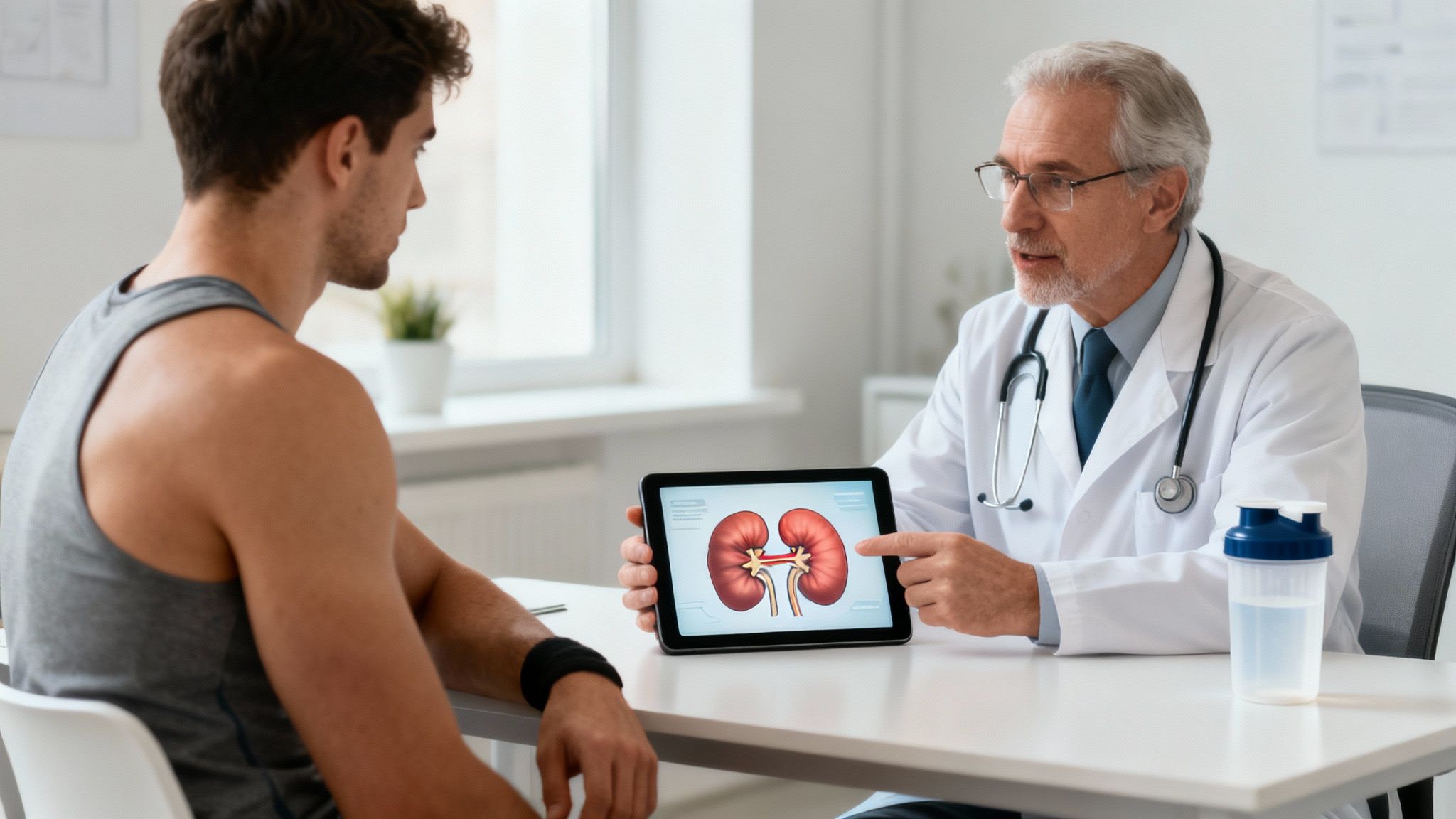 Eine Person hält ein Glas Wasser in einer hellen, sauberen Küche, was Gesundheit und Hydration symbolisiert