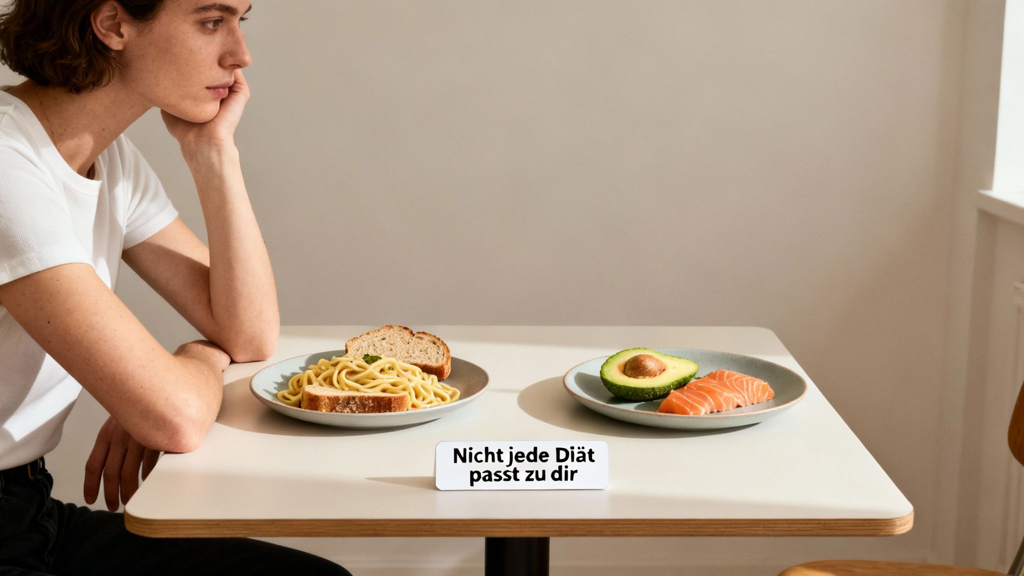 Eine Person schaut nachdenklich auf Teller mit Pasta und Lachs, mit dem Text 'Nicht jede Diät passt zu dir'.
