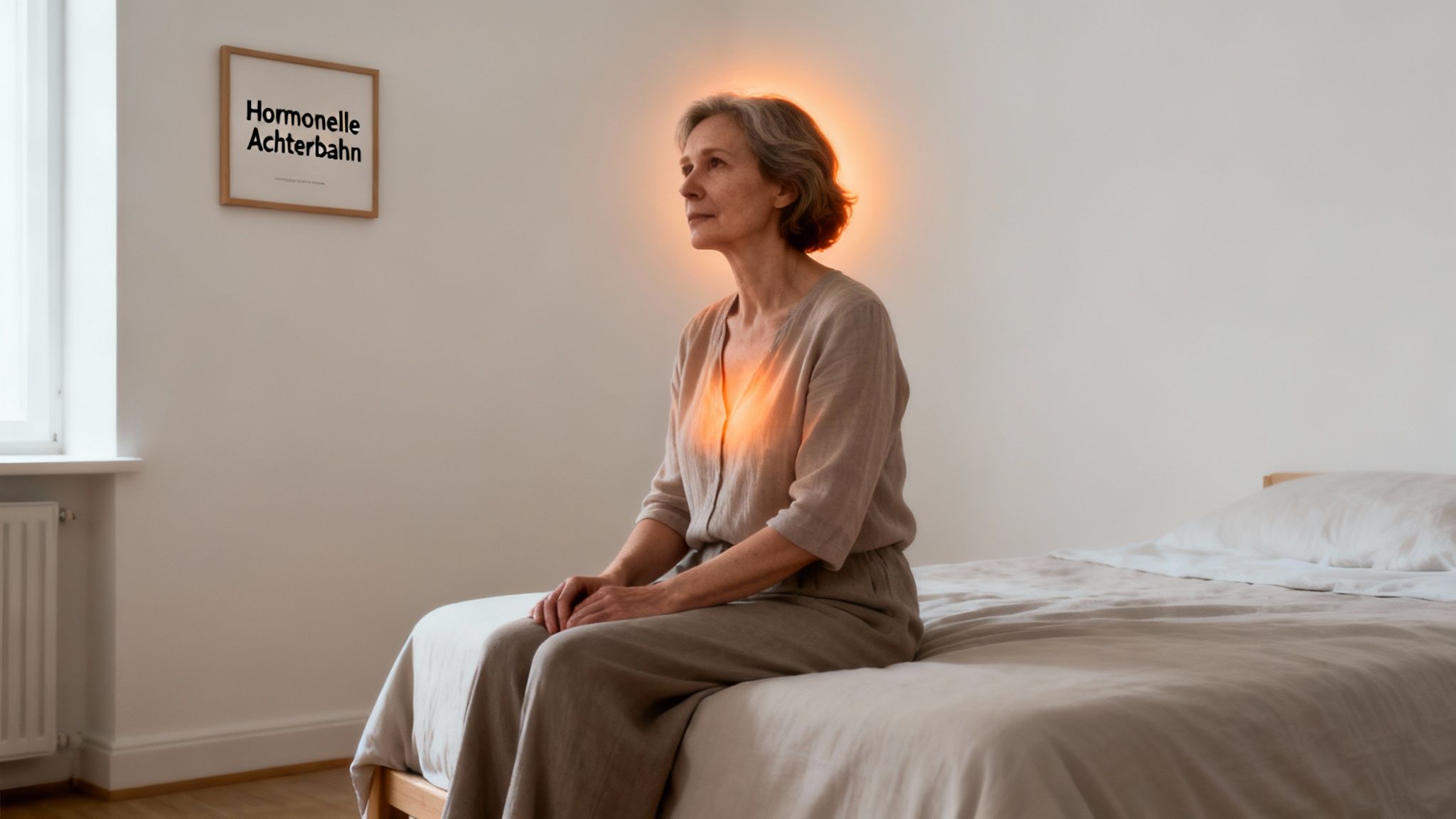 Eine Frau sitzt auf einem Bett, umgeben von warmem Licht, das Hitzewallungen symbolisiert, mit einem Bild 'Hormonelle Achterbahn'.