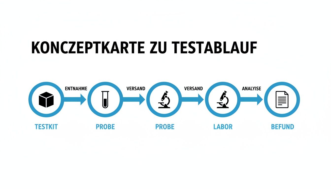 Konzeptkarte zum Testablauf. Es zeigt die Schritte von Testkit, Probenentnahme, Versand zur Laboranalyse und abschließend den Befund.