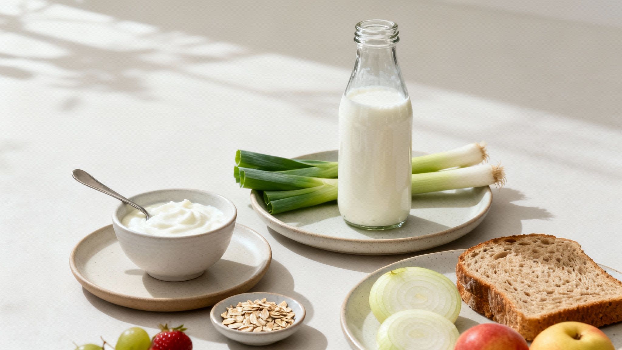 Su un tavolo dai colori chiari si possono disporre diversi alimenti sani: yogurt, latte, porri, cipolle, pane, frutta e fiocchi d'avena.