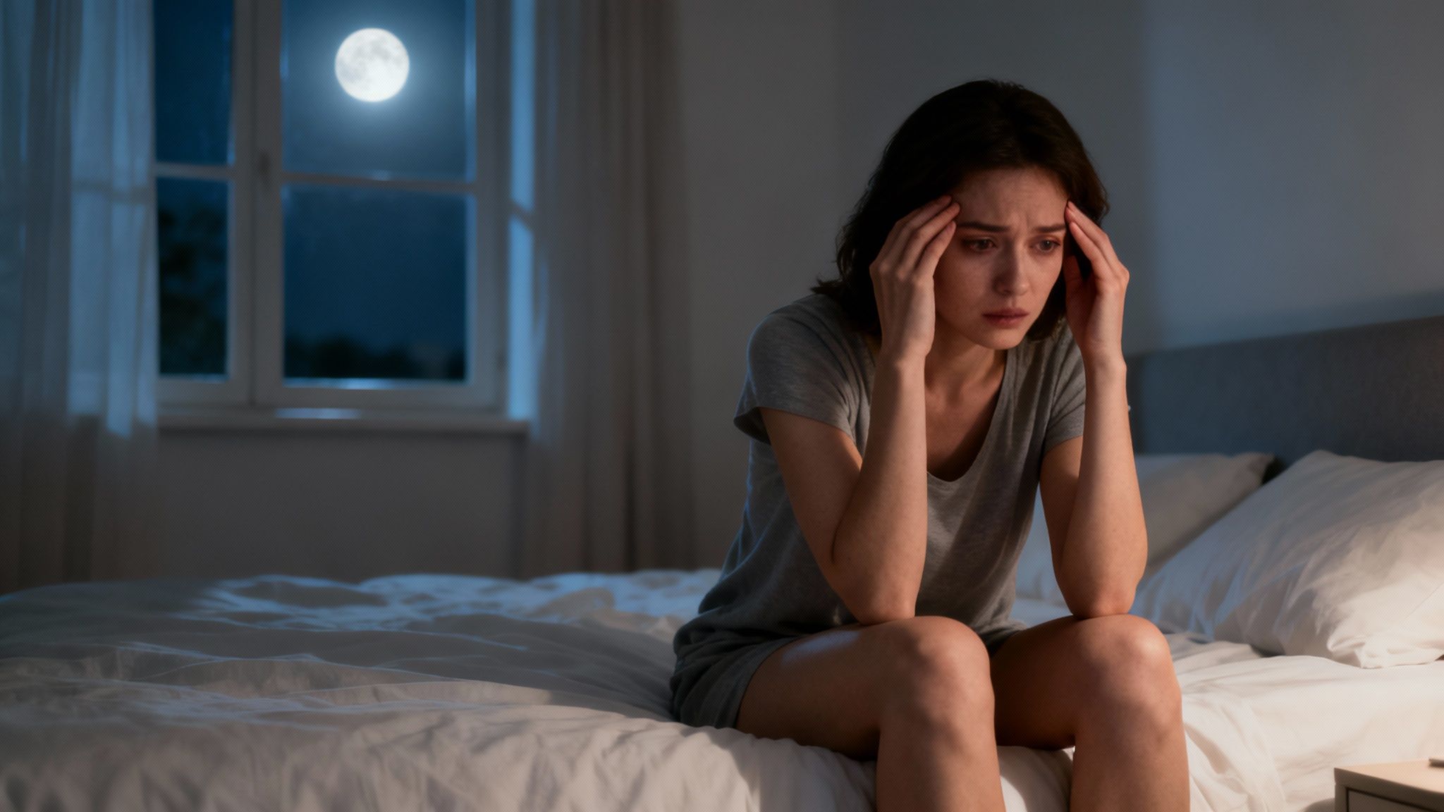 Junge Frau leidet unter Schlaflosigkeit und Kopfschmerzen, sitzt nachts im Bett, Vollmond am Fenster.