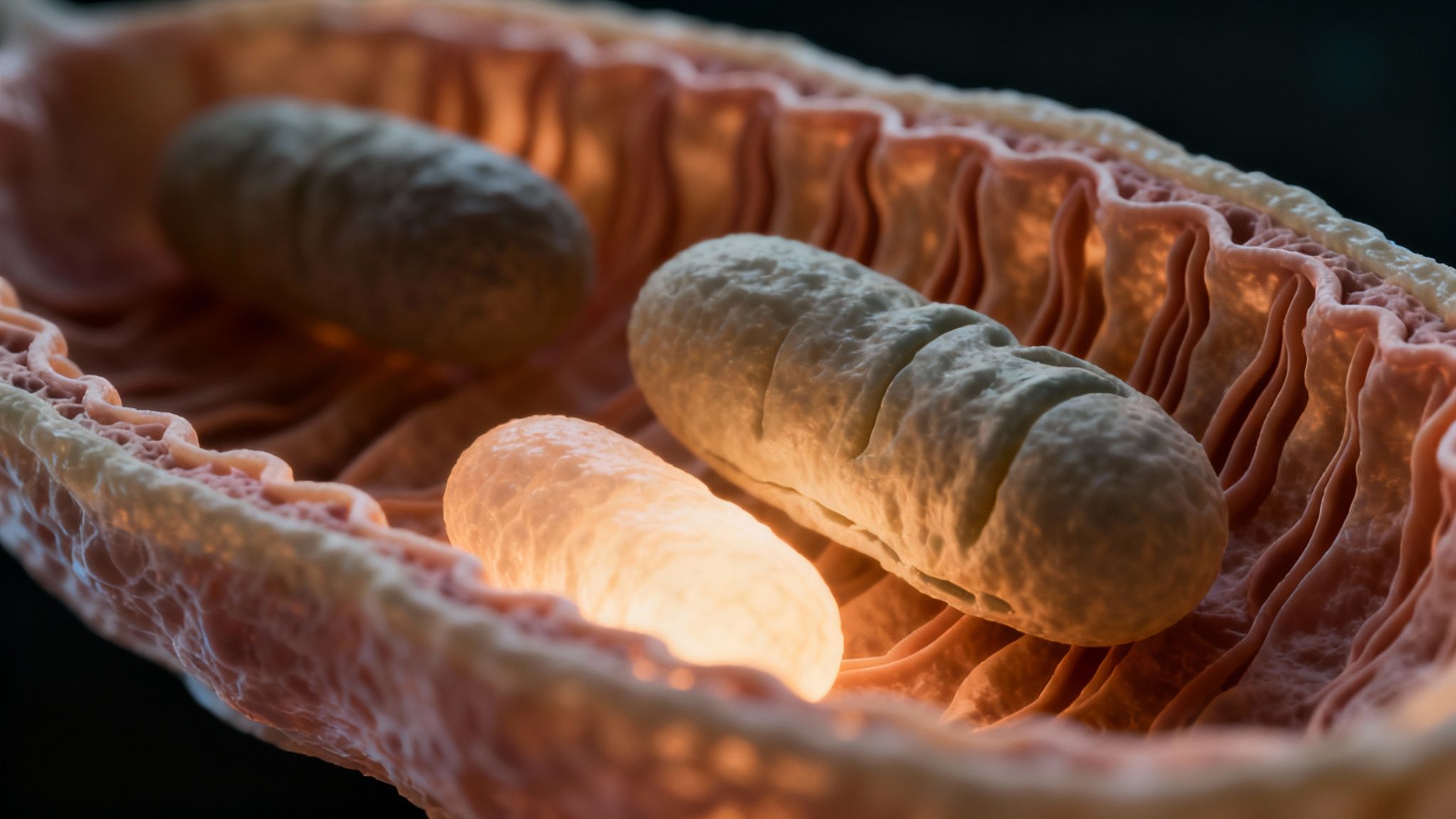 Eine detaillierte mikroskopische Illustration zeigt stäbchenförmige Bakterien in einer gefalteten Darmschleimhaut, eine leuchtet hell.