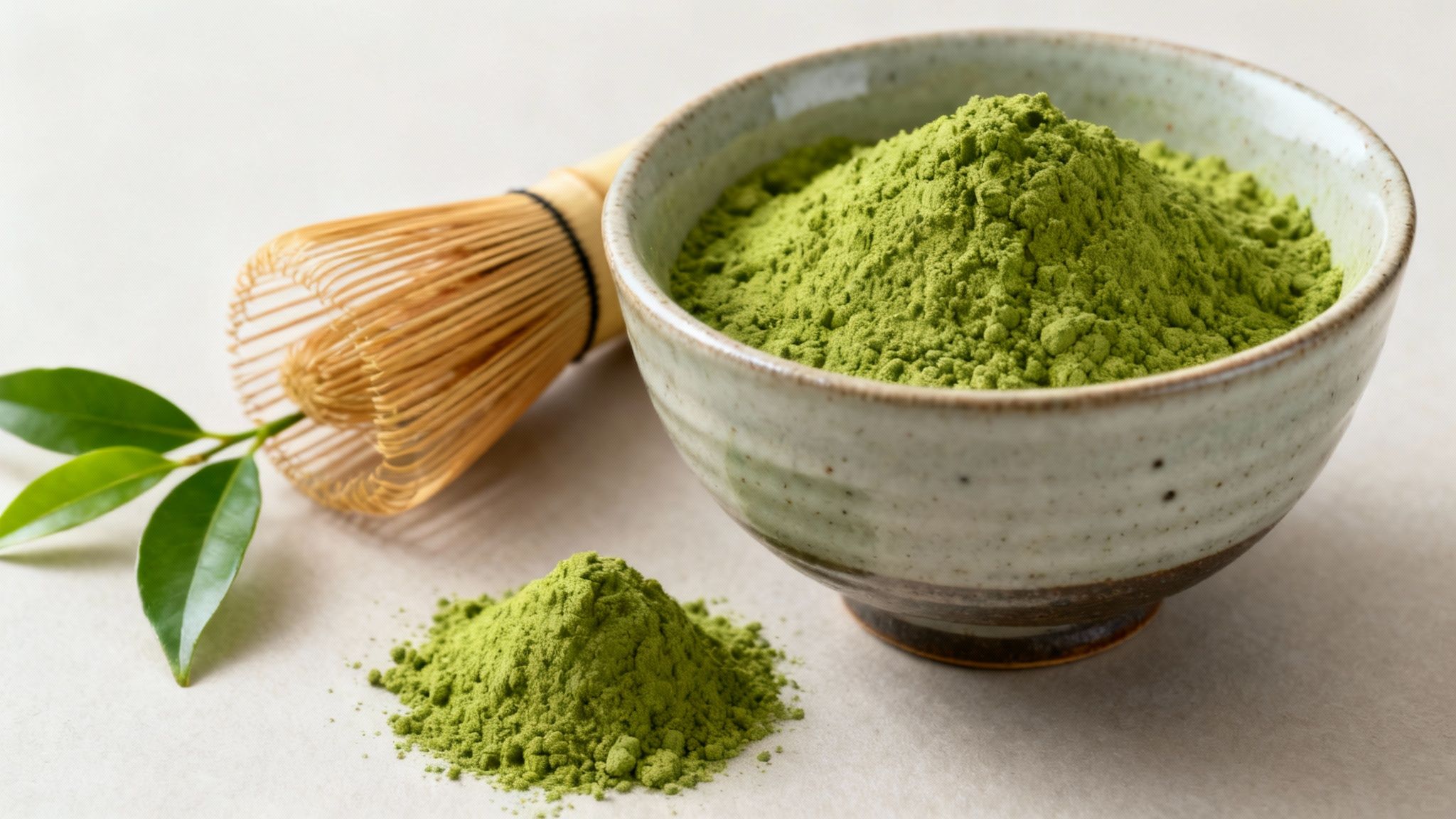 Eine Frau hält eine traditionelle Matcha-Schale in den Händen, gefüllt mit leuchtend grünem Matcha Green Tee.