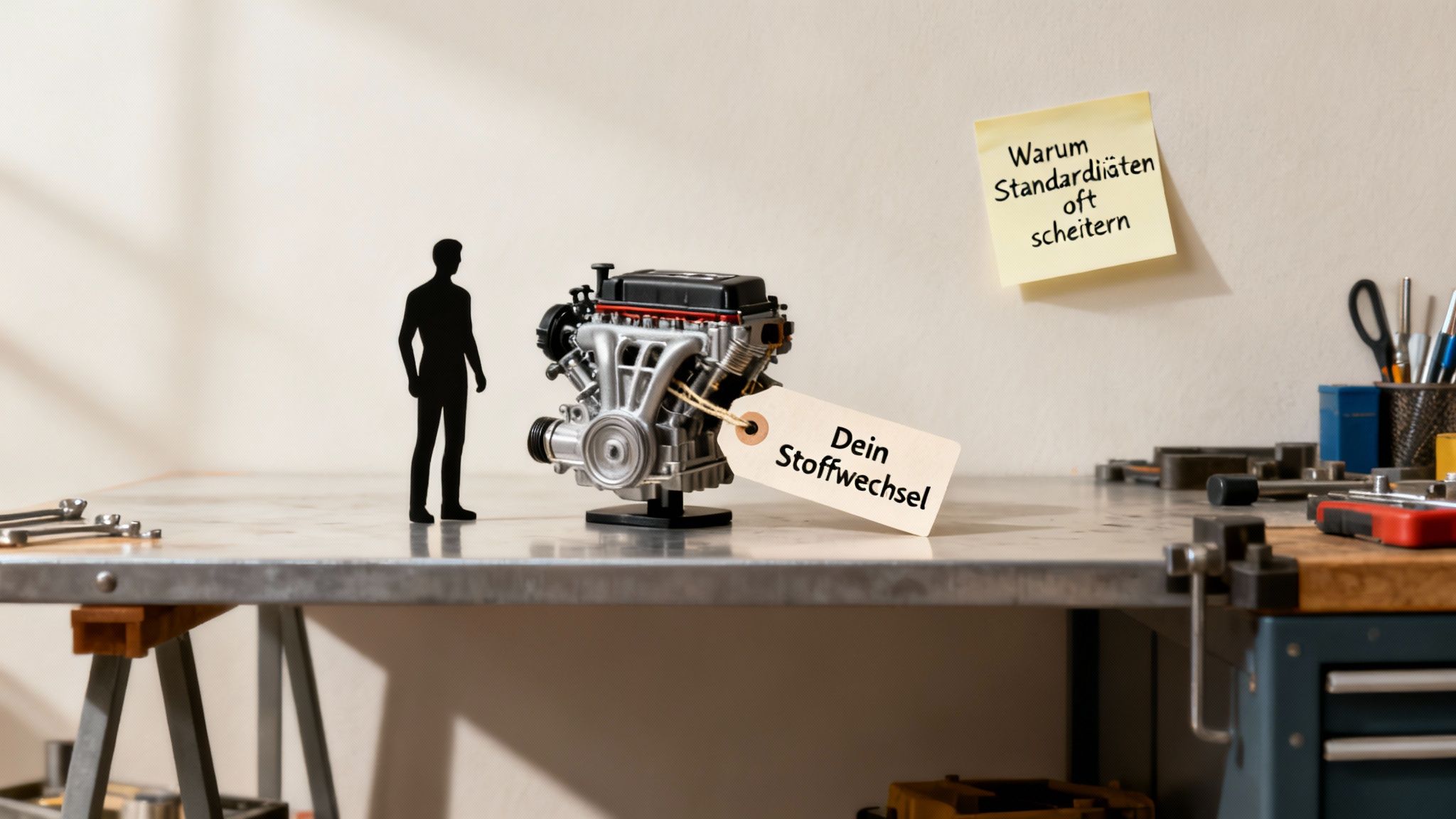 Eine Personensilhouette neben einem Modellmotor mit "Dein Stoffwechsel" Etikett und einer Notiz über Diäten auf einer Werkbank.
