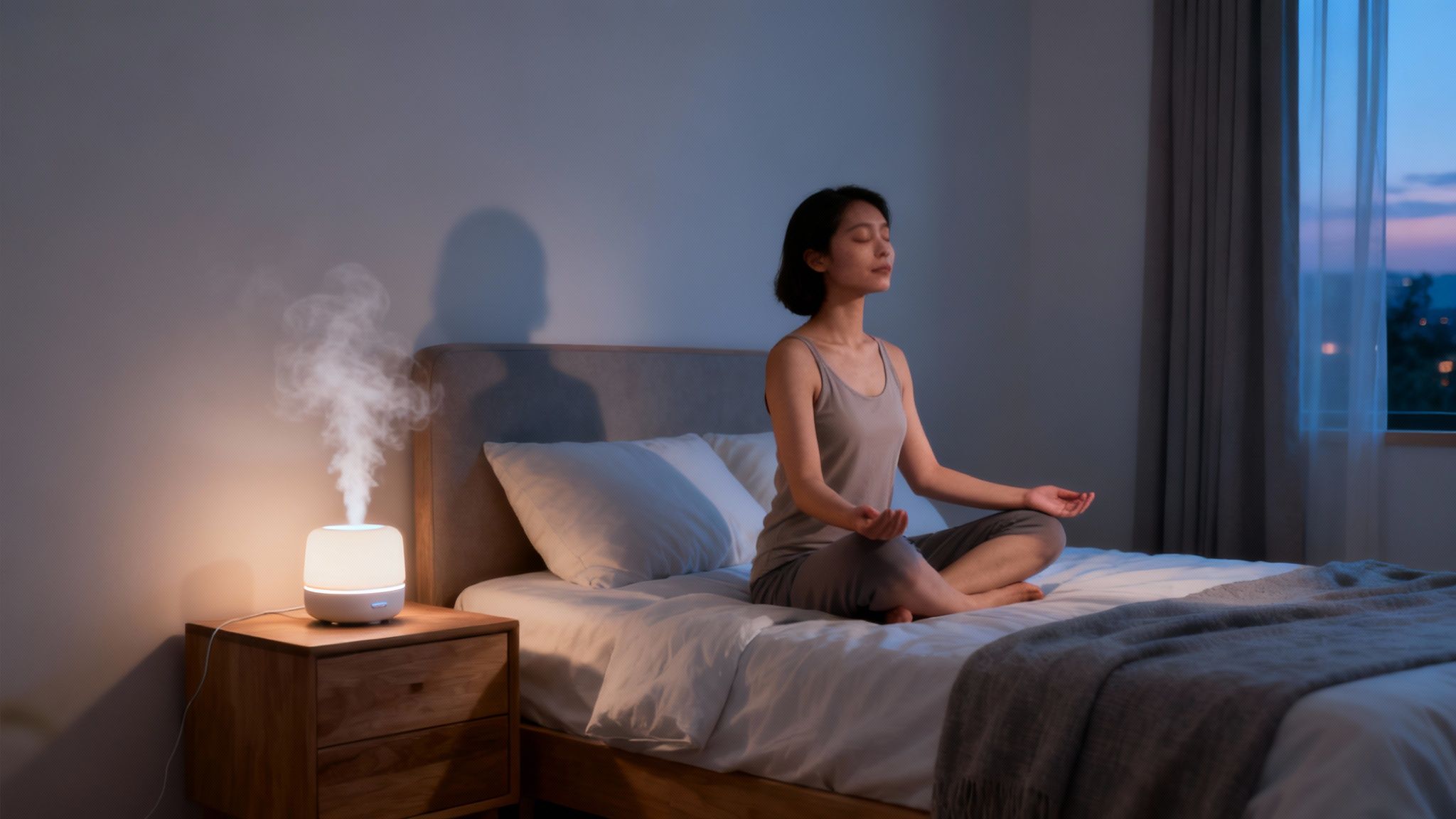 Eine Frau praktiziert Yoga auf einer Matte, im Hintergrund ist eine friedliche Naturkulisse zu sehen.