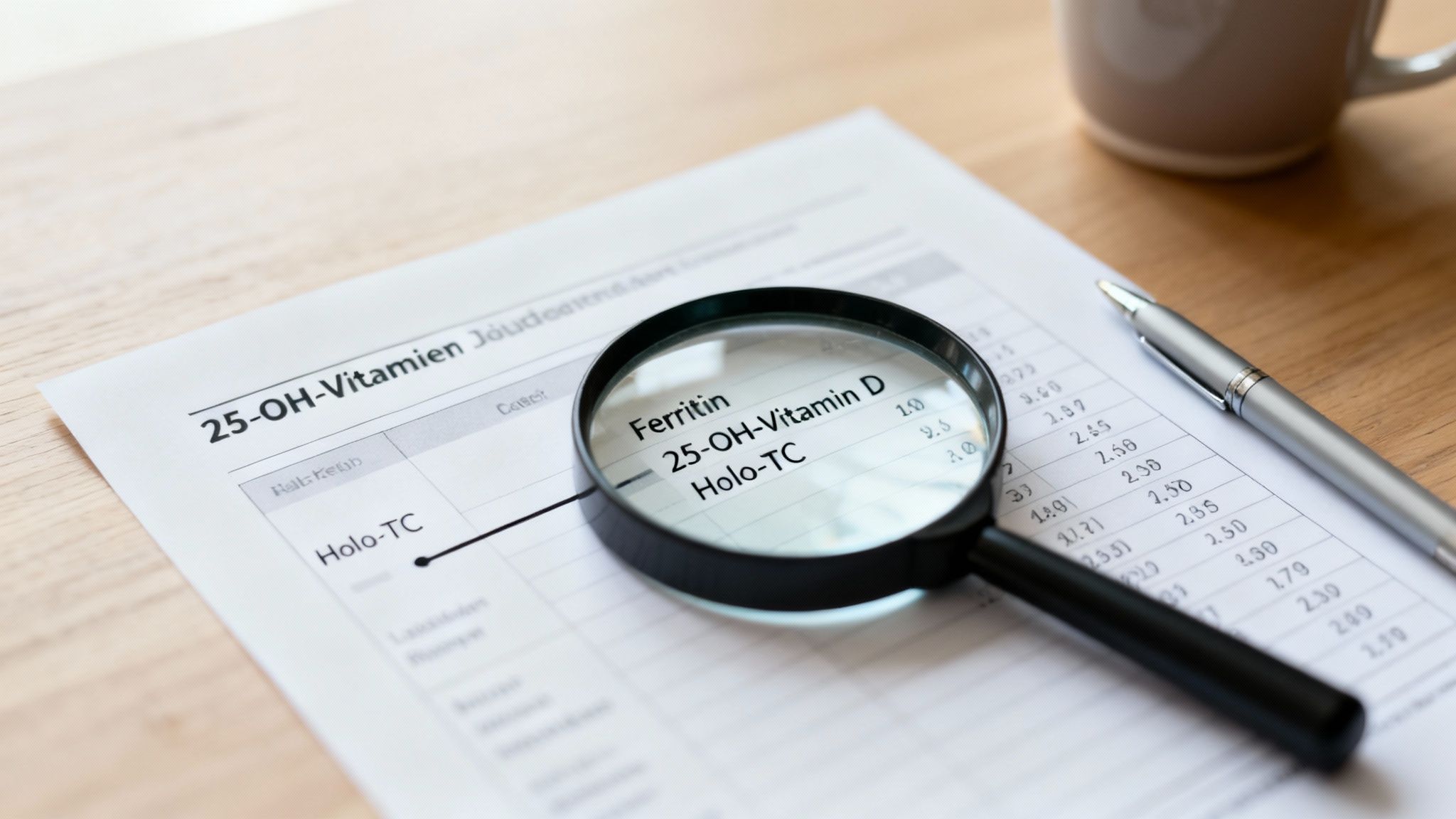 Bluttestergebnisse mit Werten für 25-OH-Vitamin D, Ferritin und Holo-TC, unter der Lupe auf Holz.