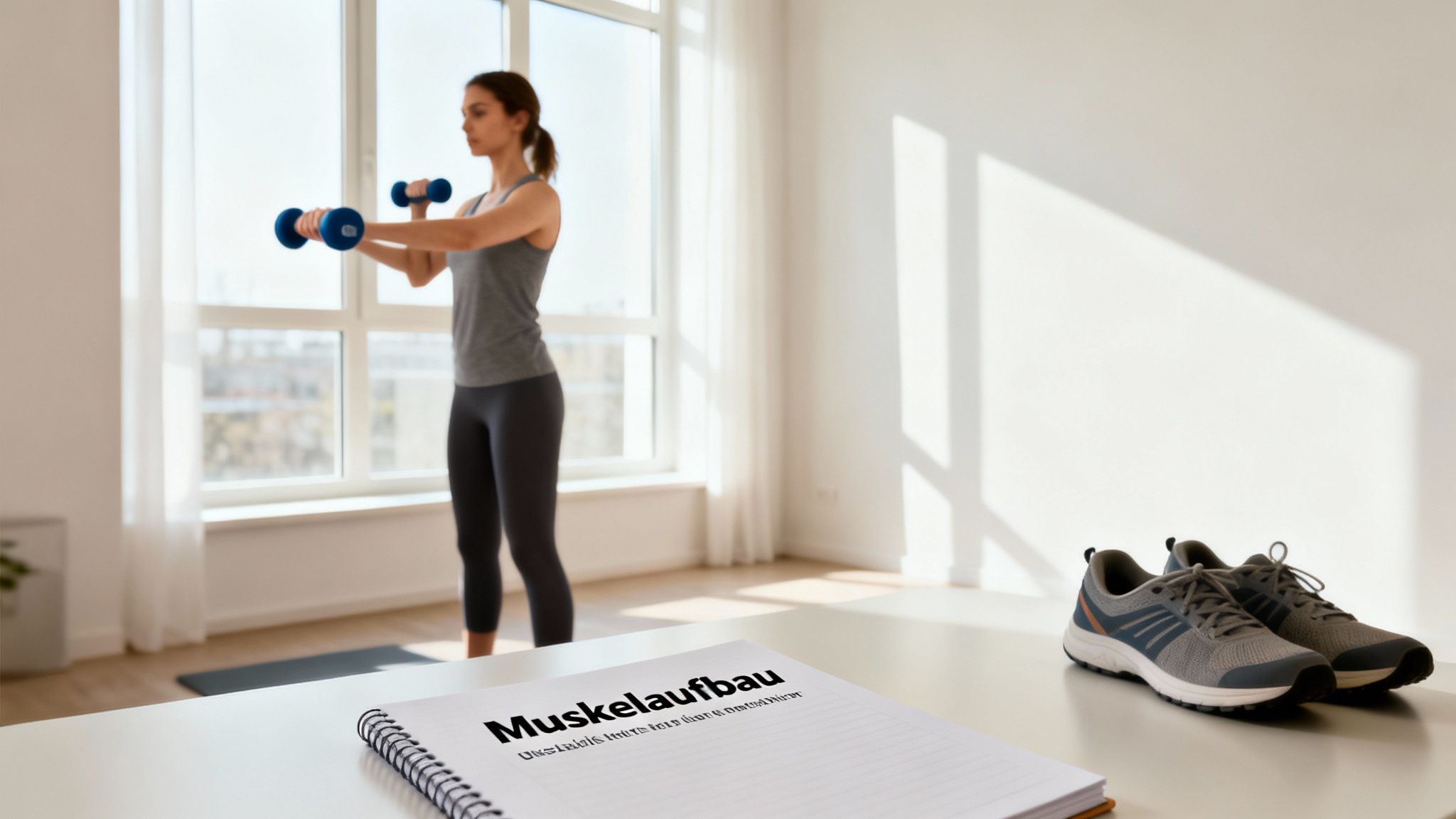 Eine Frau macht ein Heimtraining mit Hanteln; im Vordergrund sind ein Notizbuch mit 'Muskelaufbau' und Sportschuhe zu sehen.