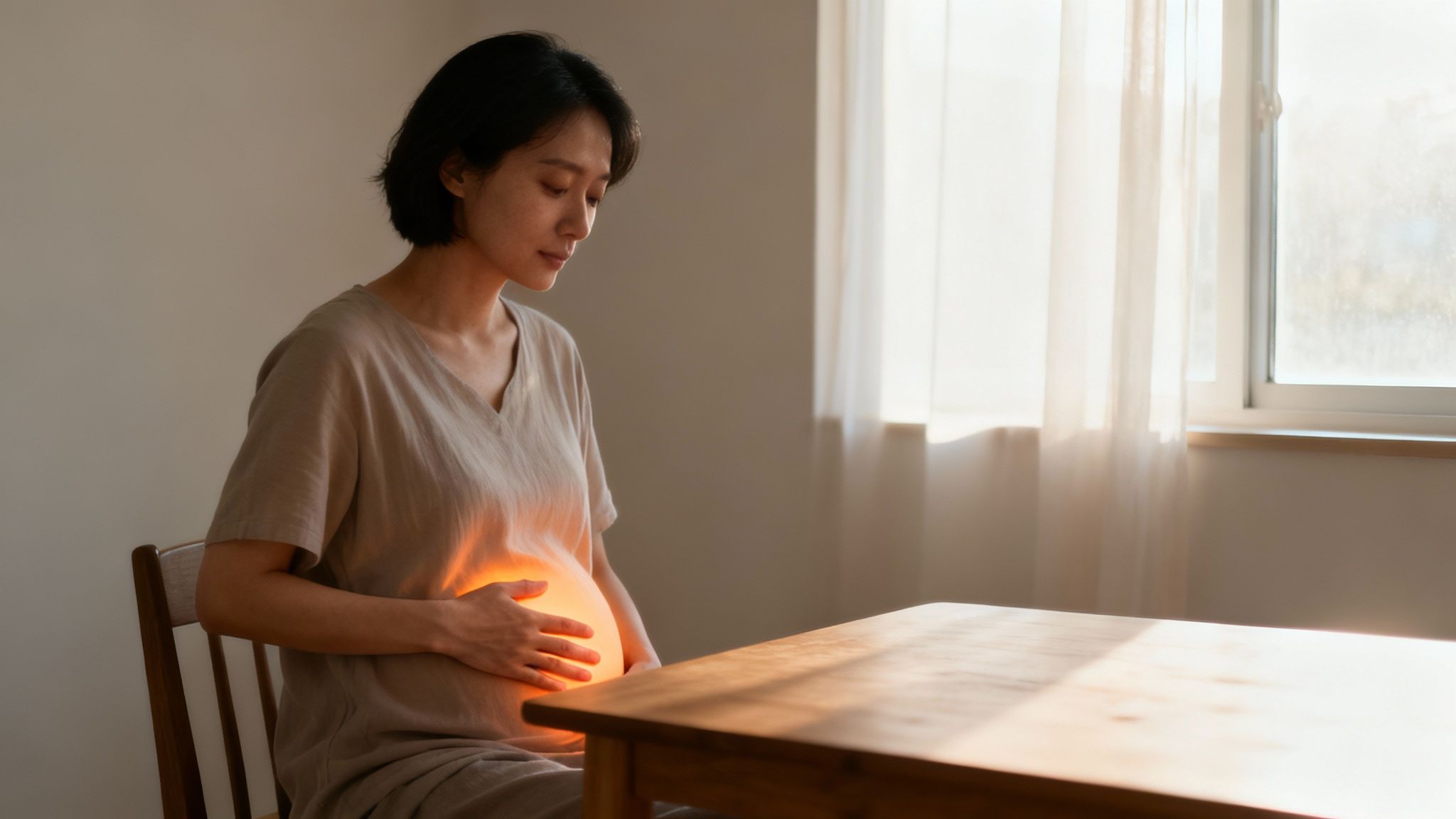 Eine schwangere Frau sitzt mit leuchtendem Bauch an einem Tisch in einem hellen Raum.
