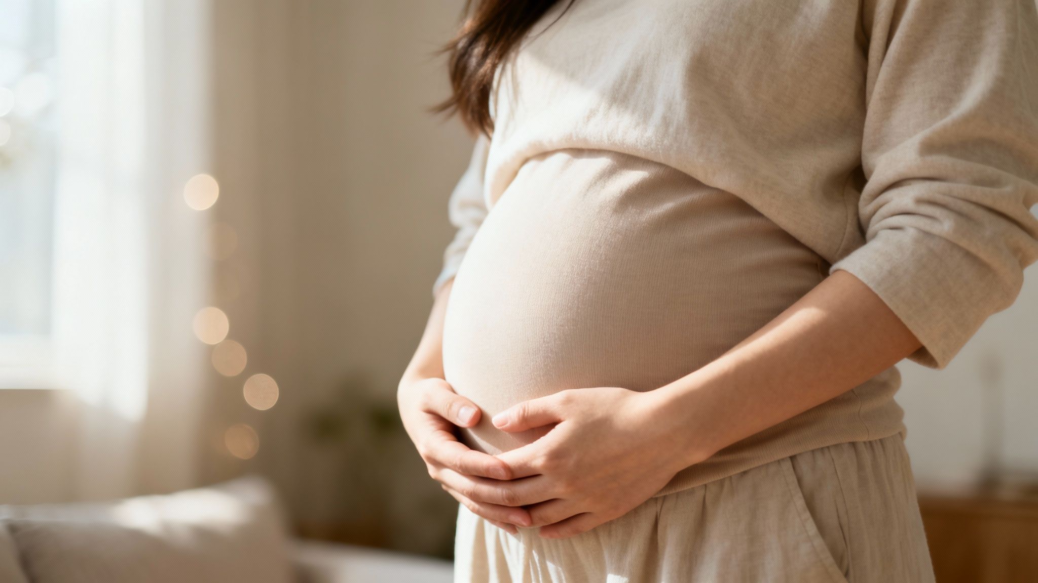 Un primo piano di una donna incinta che si tiene la pancia sotto la calda luce del sole simboleggia la maternità e l'attesa.
