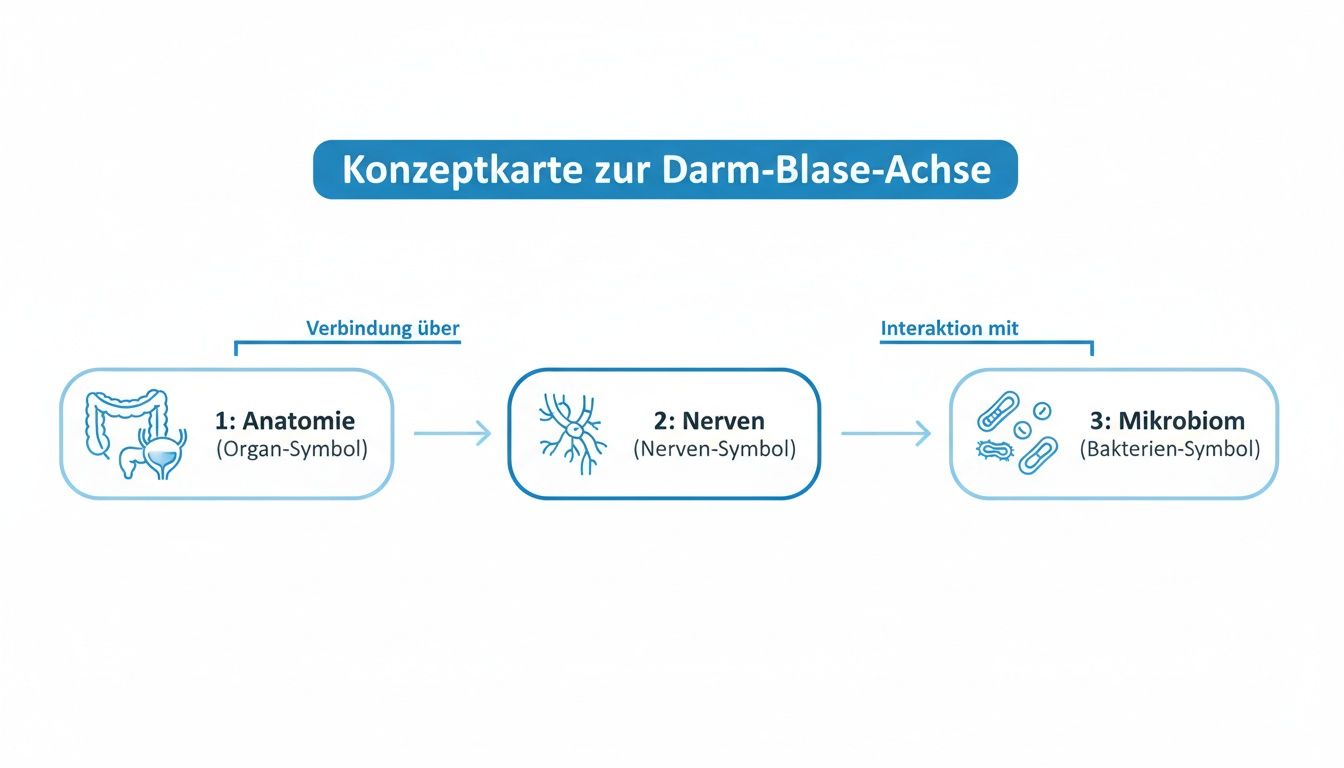 Mappa concettuale dell'asse intestino-vescica, che mostra l'anatomia, i nervi e il microbiota nella loro connessione.