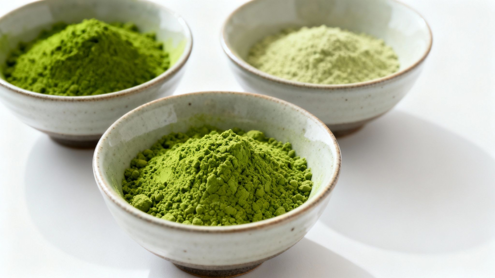 Eine Hand hält eine traditionelle Matcha-Schale, gefüllt mit leuchtend grünem Matcha-Tee.