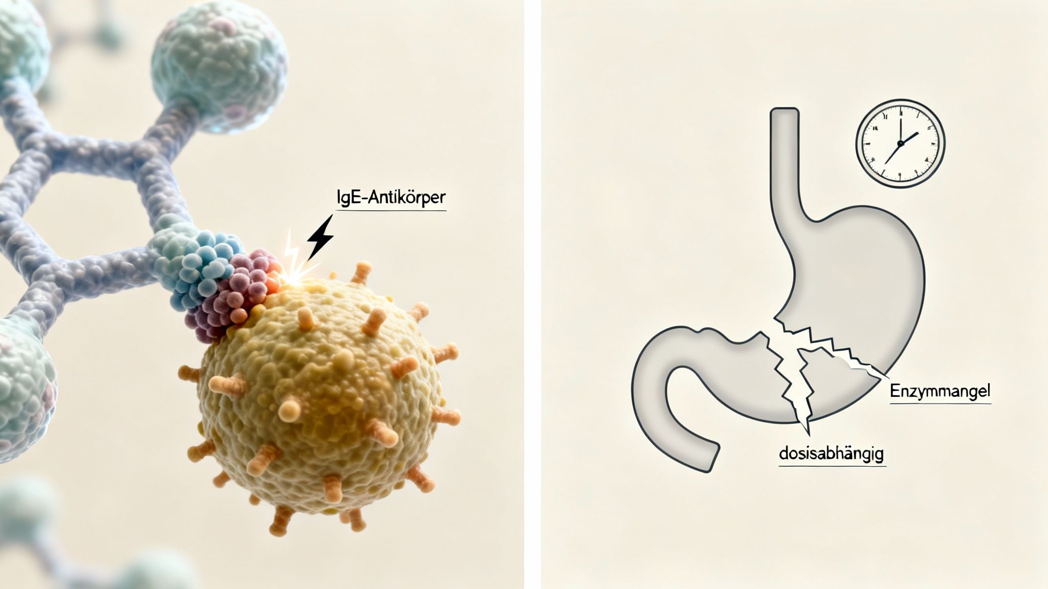 Das Bild zeigt den Unterschied zwischen einer IgE-vermittelten Allergie und einer dosisabhängigen Enzymmangel-Unverträglichkeit.