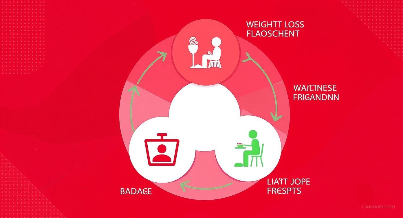 Diagramm zum Jojo-Effekt mit drei Kreisen, die Personen beim Wiegen, Essen und vor einem Bildschirm darstellen.
