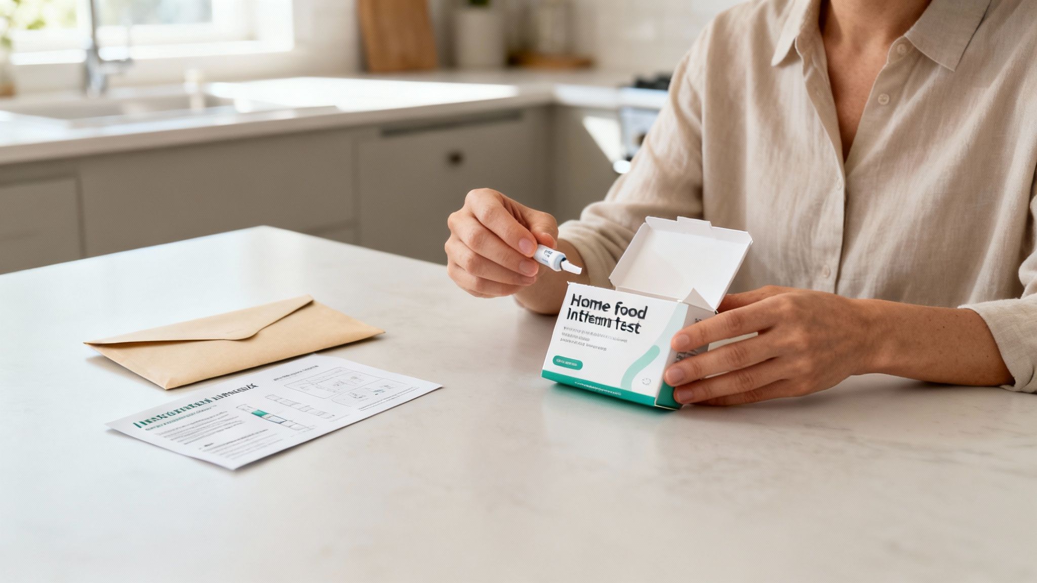 Eine Person öffnet ein Heim-Testkit für Nahrungsmittelunverträglichkeiten in einer modernen Küche.