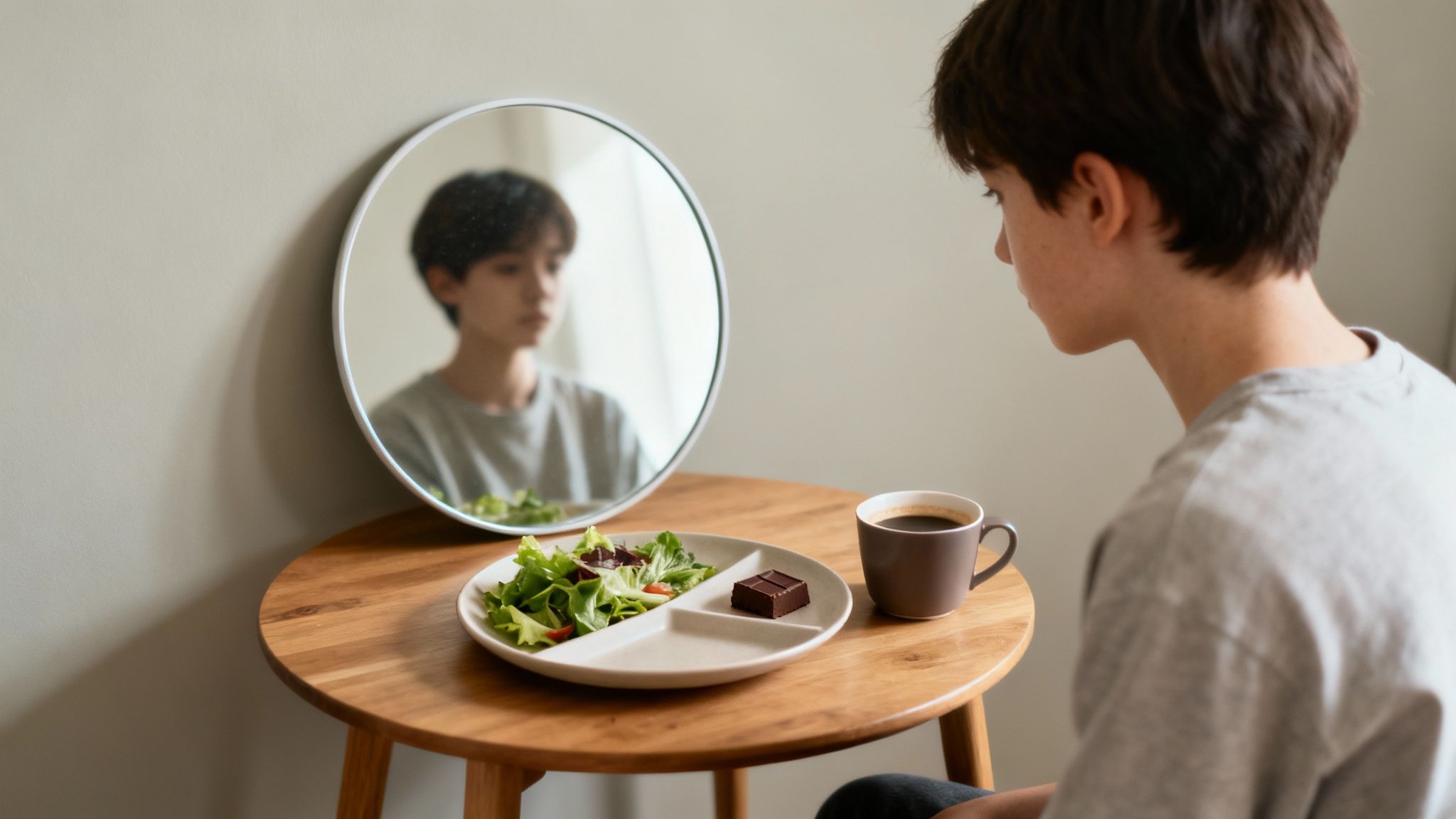 Eine Frau genießt eine gesunde Mahlzeit in einer hellen, modernen Küche.