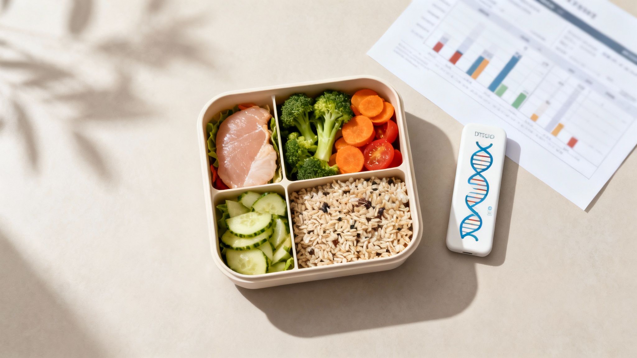 Healthy lunch and DNA testing device with diagram, emphasizing personalized nutrition and health.