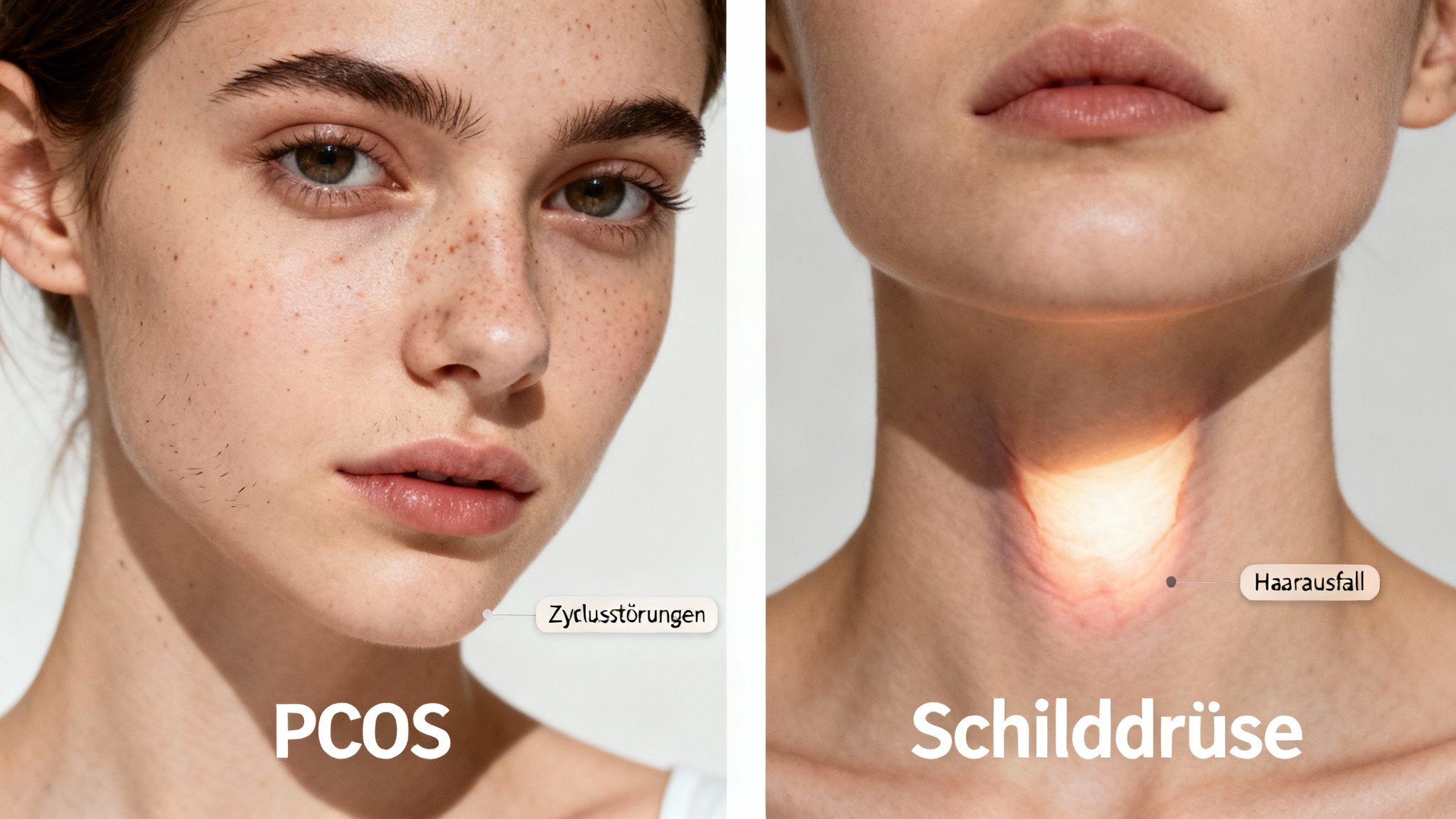 Frauengesicht mit sichtbaren Haaren und "PCOS", daneben Schilddrüse mit "Haarausfall", symbolisiert hormonelle Probleme.