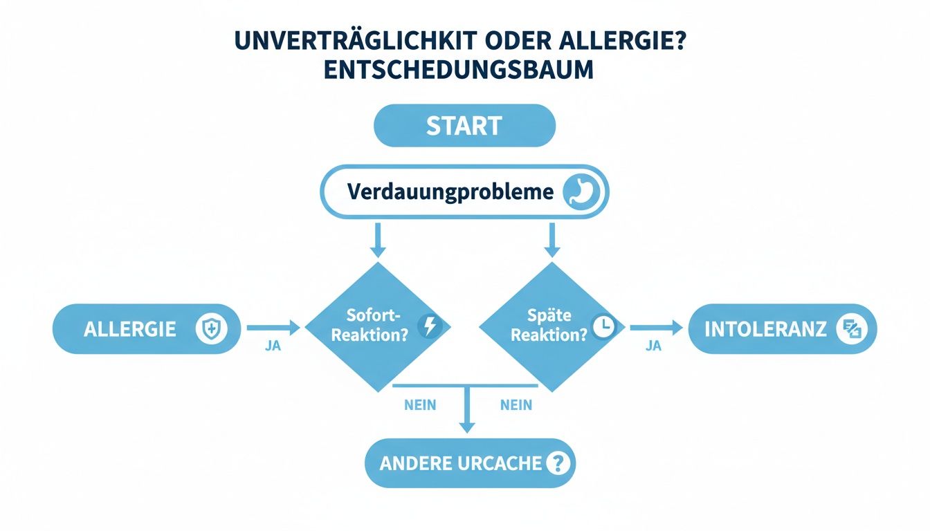 Entscheidungsbaum zur Unterscheidung von Allergie und Intoleranz basierend auf der Reaktionszeit bei Verdauungsproblemen.