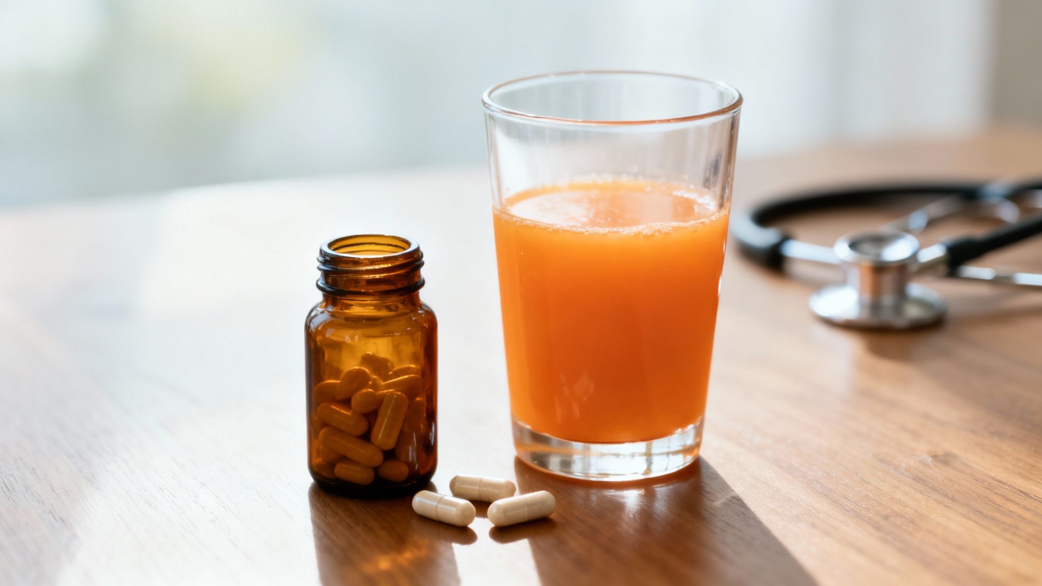 Flacon de pilules marron, jus d'orange et stéthoscope sur une table en bois au soleil, compléments alimentaires sains.