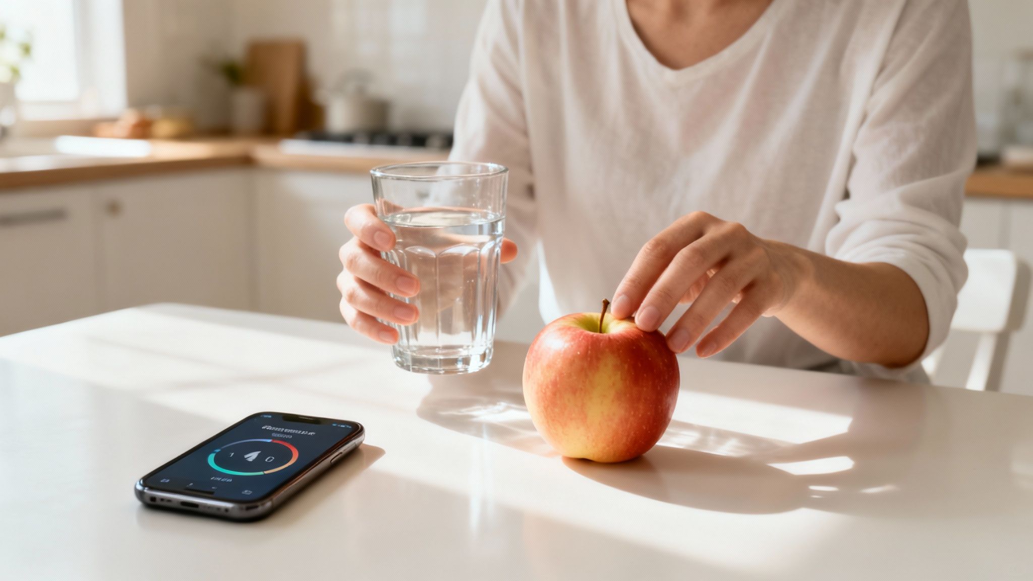Eine junge Frau sitzt entspannt auf ihrem Sofa, trinkt ein Glas Wasser und lächelt, als ob sie gerade erfolgreich eine Heißhungerattacke gemeistert hat.