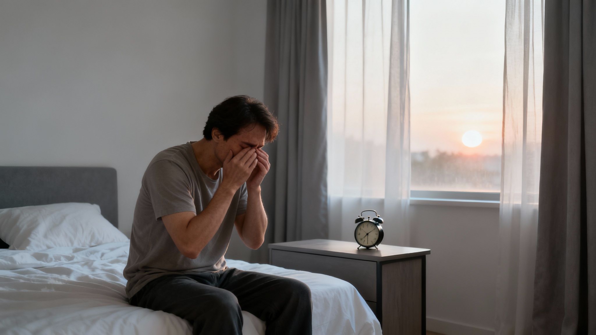 Eine erschöpfte Person sitzt am Schreibtisch und reibt sich die Augen, umgeben von gedämpftem Licht.