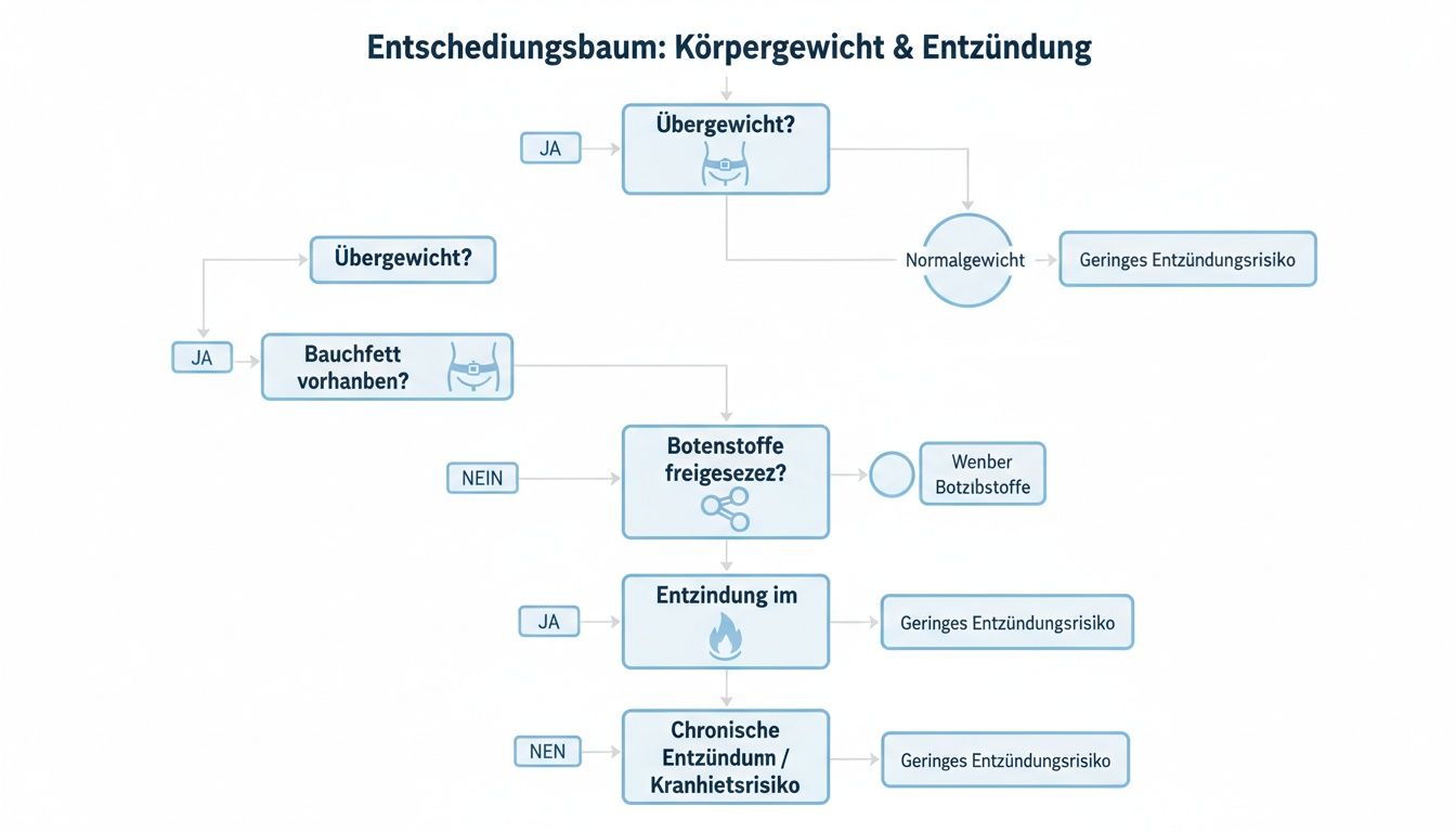 Entscheidungsbaum zum Zusammenhang von Körpergewicht, Bauchfett und Entzündungsrisiko, einschließlich Botenstoffen und chronischen Entzündungen.