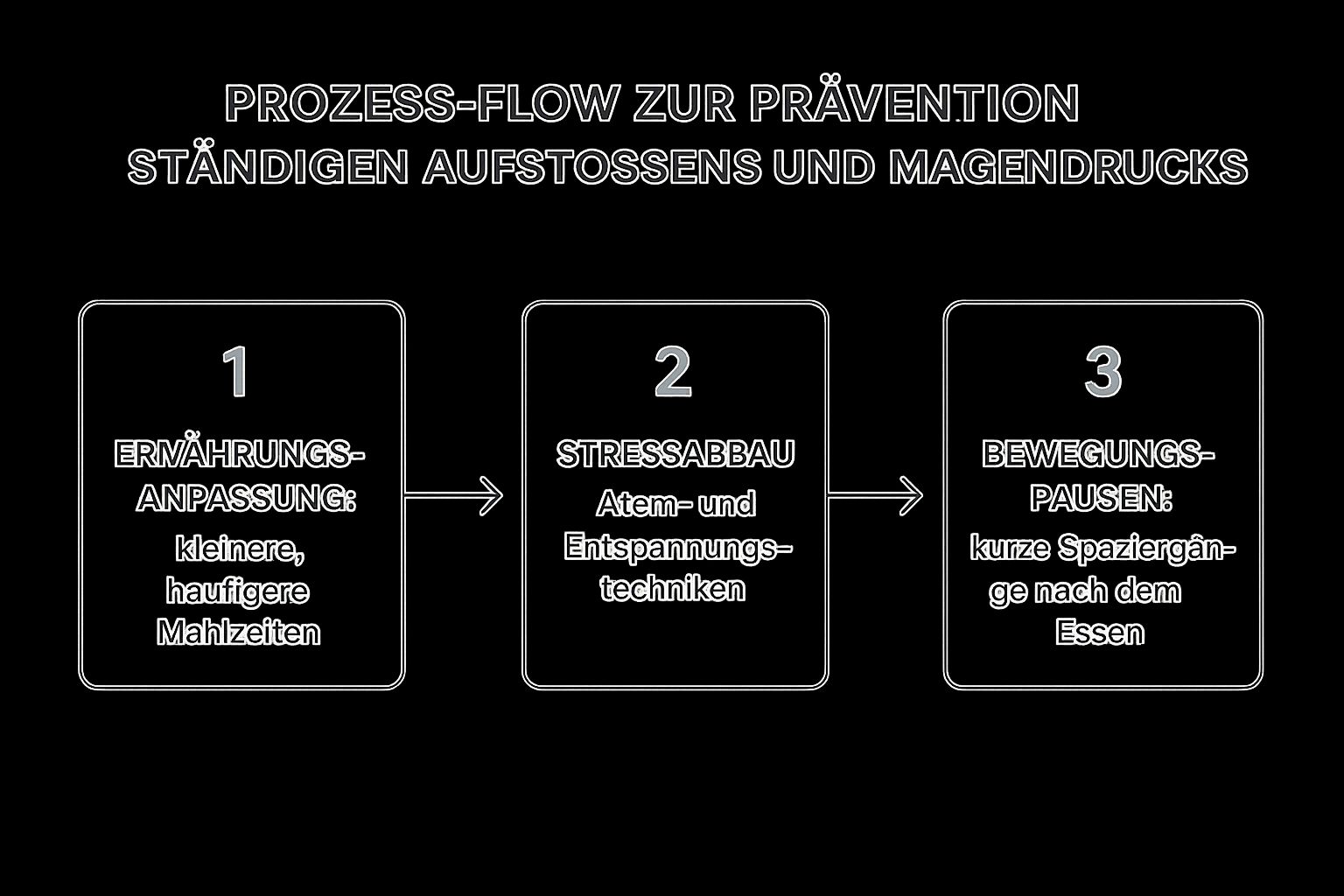 Infografik, die drei Schritte zur Prävention von ständigem Aufstoßen und Magendruck zeigt: Ernährungsanpassung, Stressabbau und Bewegung.