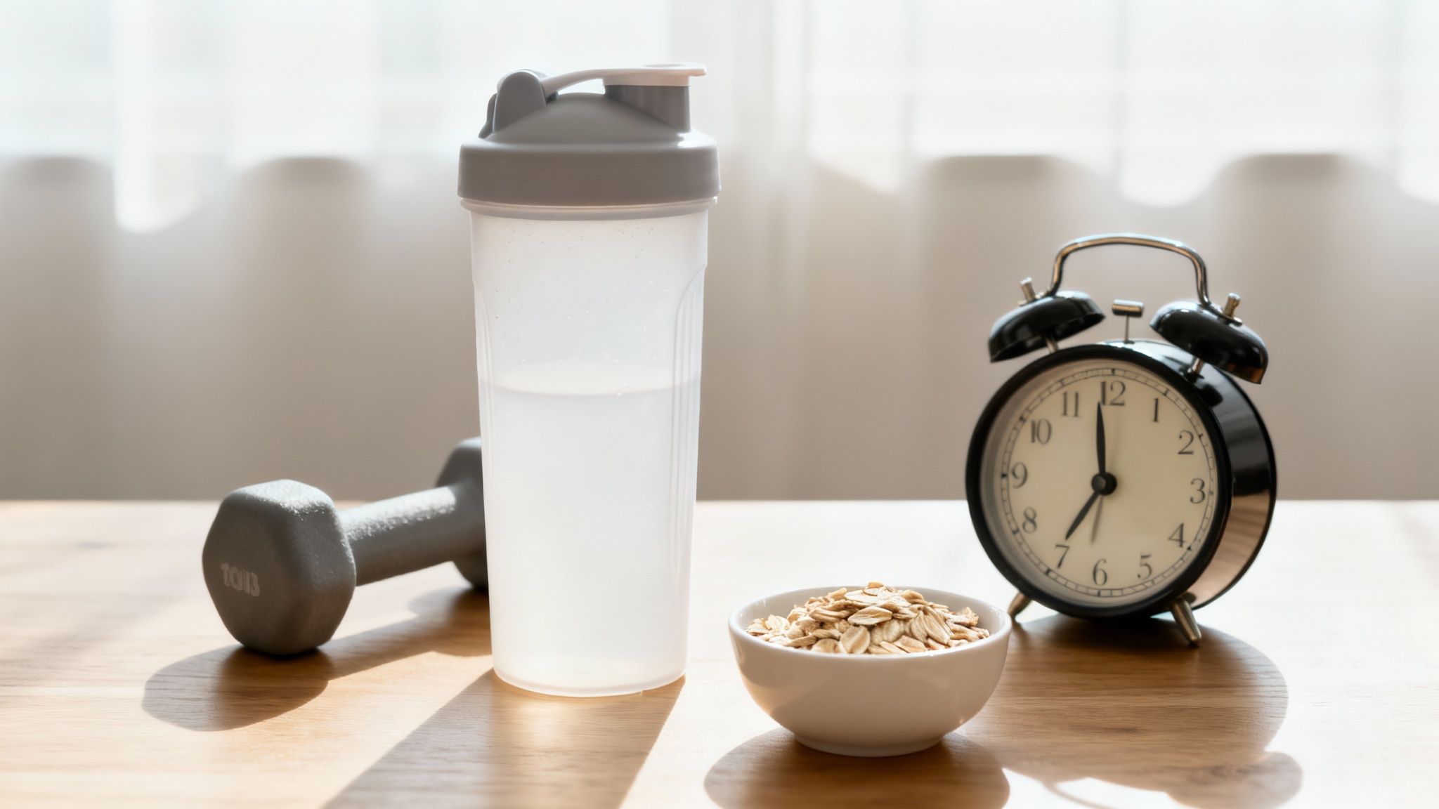 Proteinshaker, Hantel, Haferflocken und Wecker auf Holztisch für gesunde Fitnessroutine und Essgewohnheiten