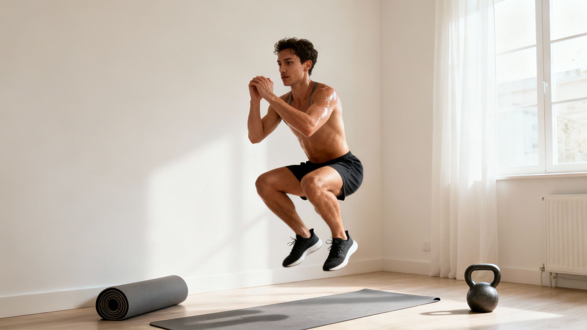 Junger verschwitzter Mann springt beim Workout zu Hause. Eine Yogamatte und eine Kettlebell liegen auf dem Boden.