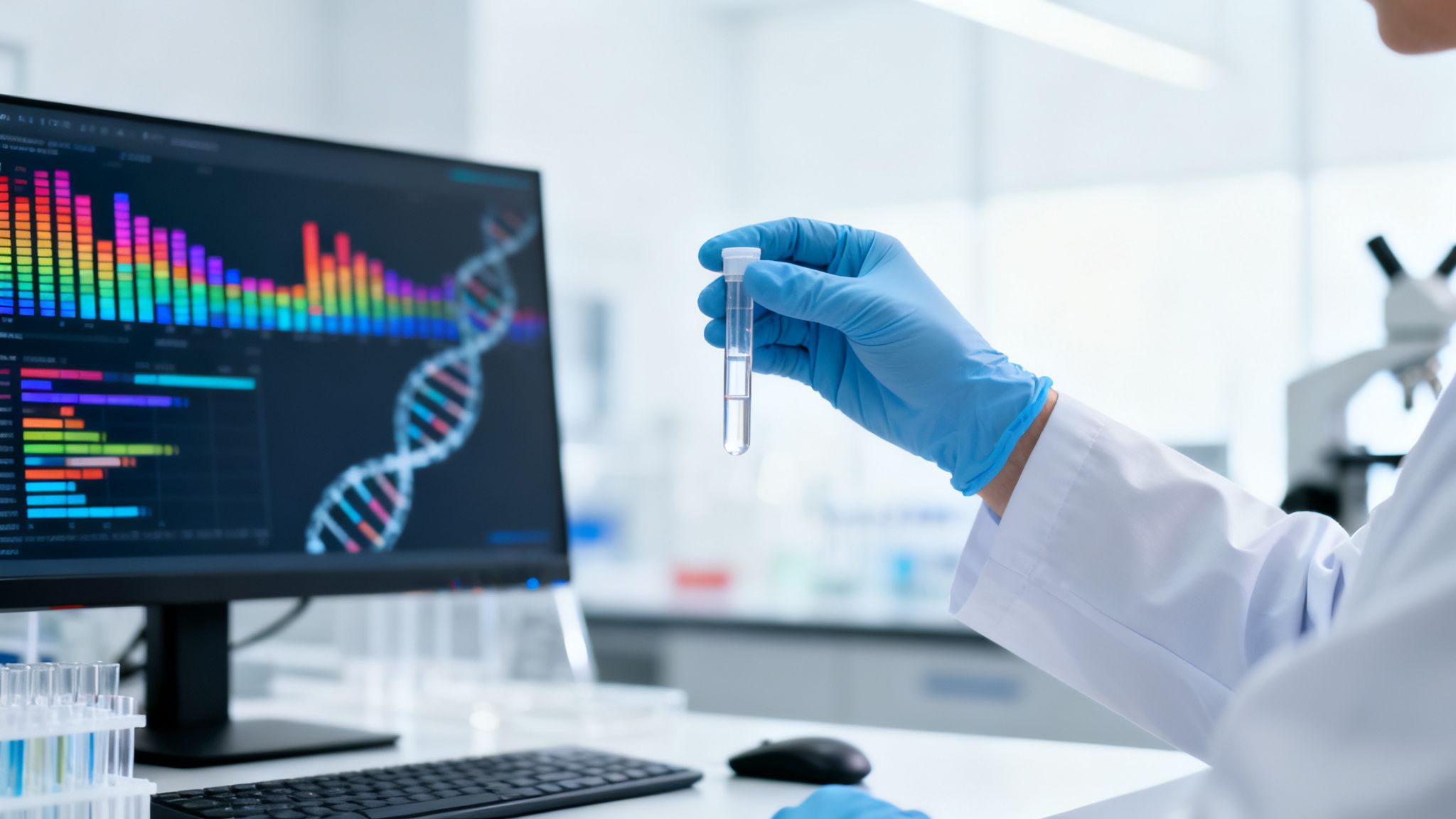 Cientista segura tubo de ensaio no laboratório, computador mostra hélice de DNA e análise de dados com gráficos coloridos.