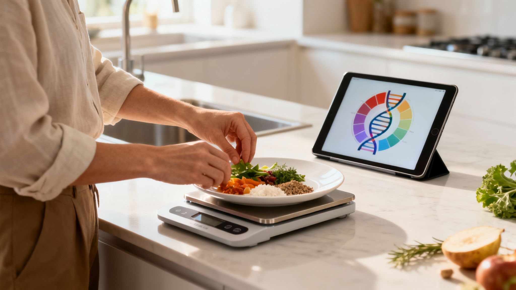 Eine Person misst Lebensmittel auf einer Küchenwaage, mit einem Tablet, das ein DNA-Ernährungsdiagramm anzeigt.