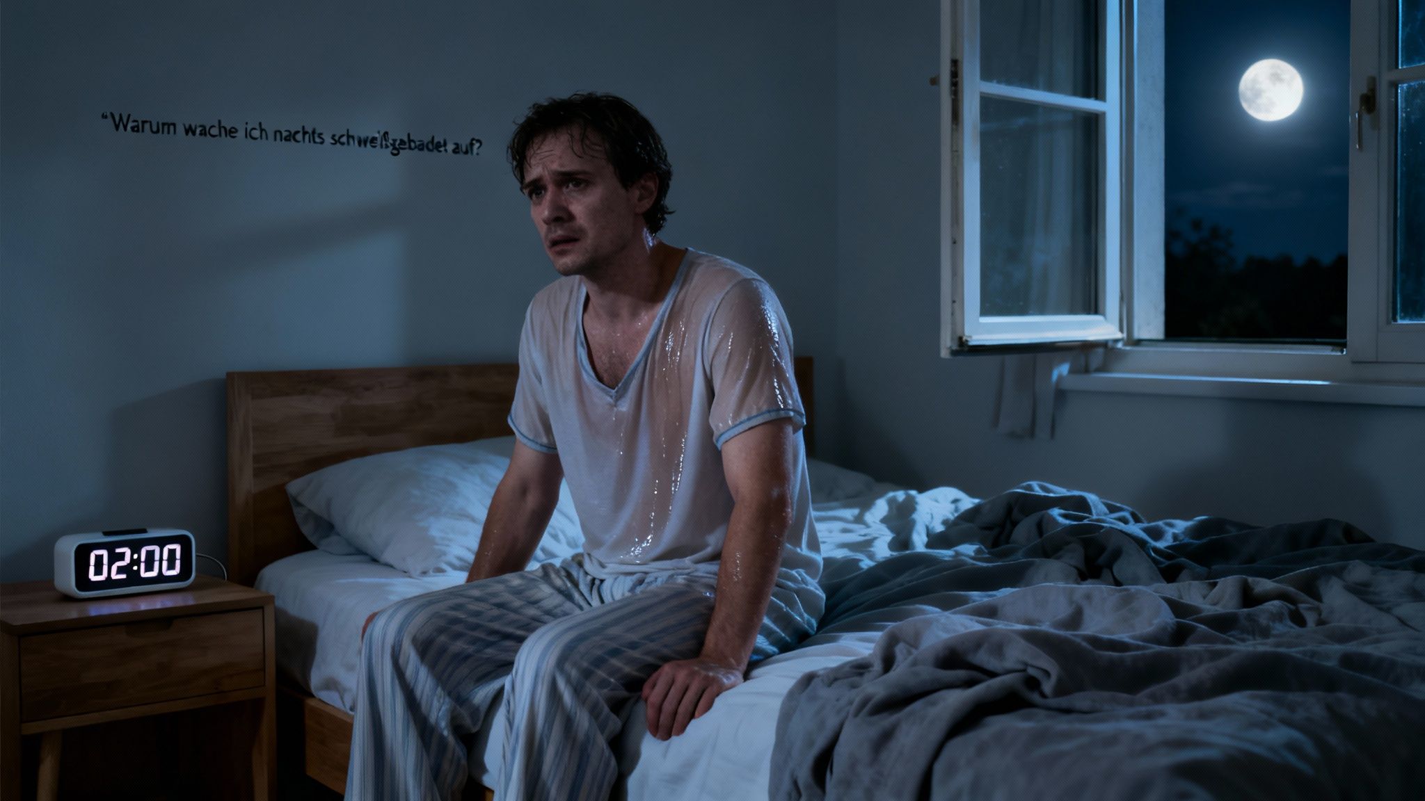 Verzweifelter Mann schweißgebadet im Bett um 2 Uhr nachts. Frage an der Wand: Warum wache ich nachts schweißgebadet auf?