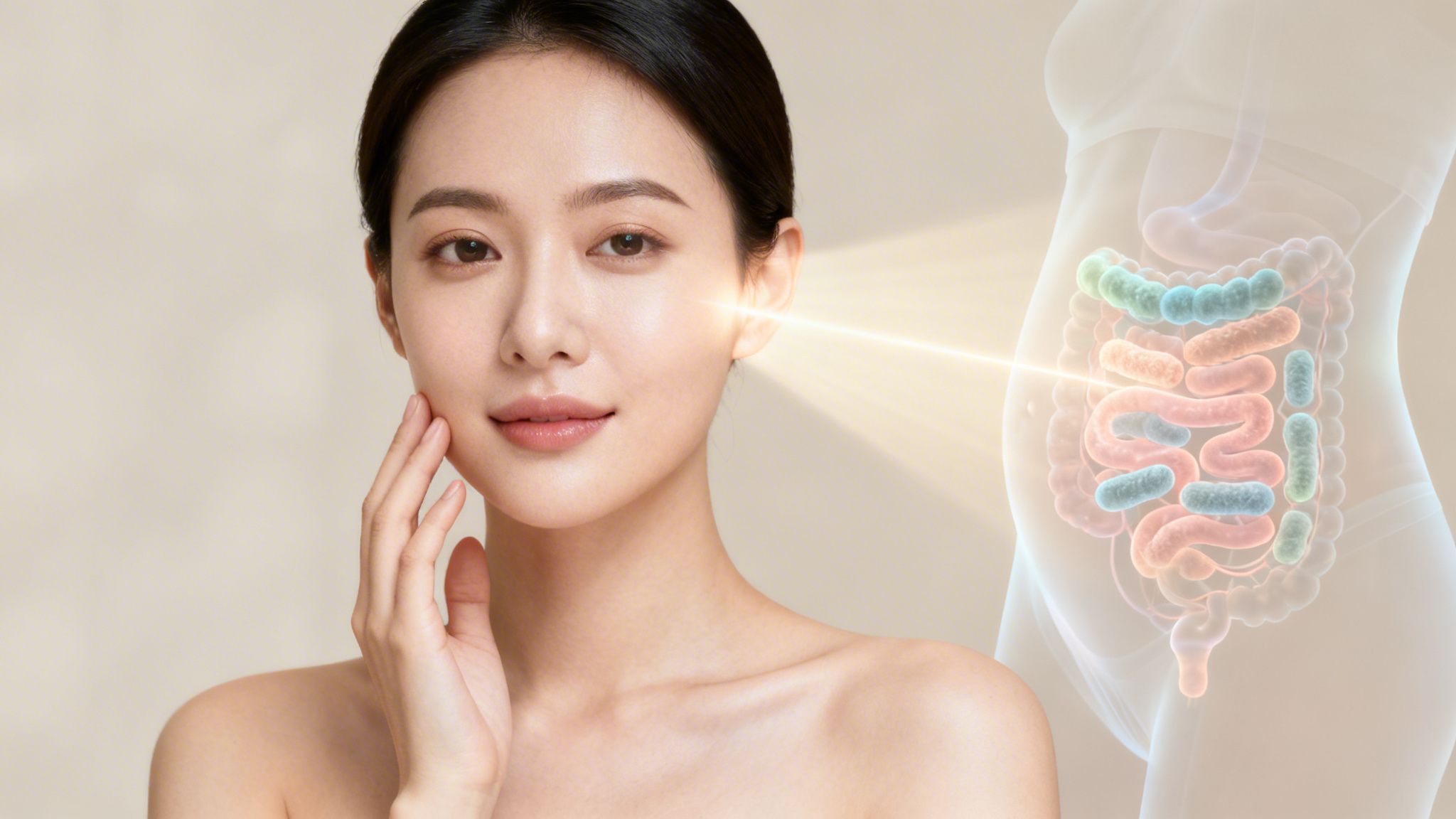 Eine junge Frau mit strahlender Haut und einem Lichtstrahl, der zum gesunden Darmmikrobiom führt.